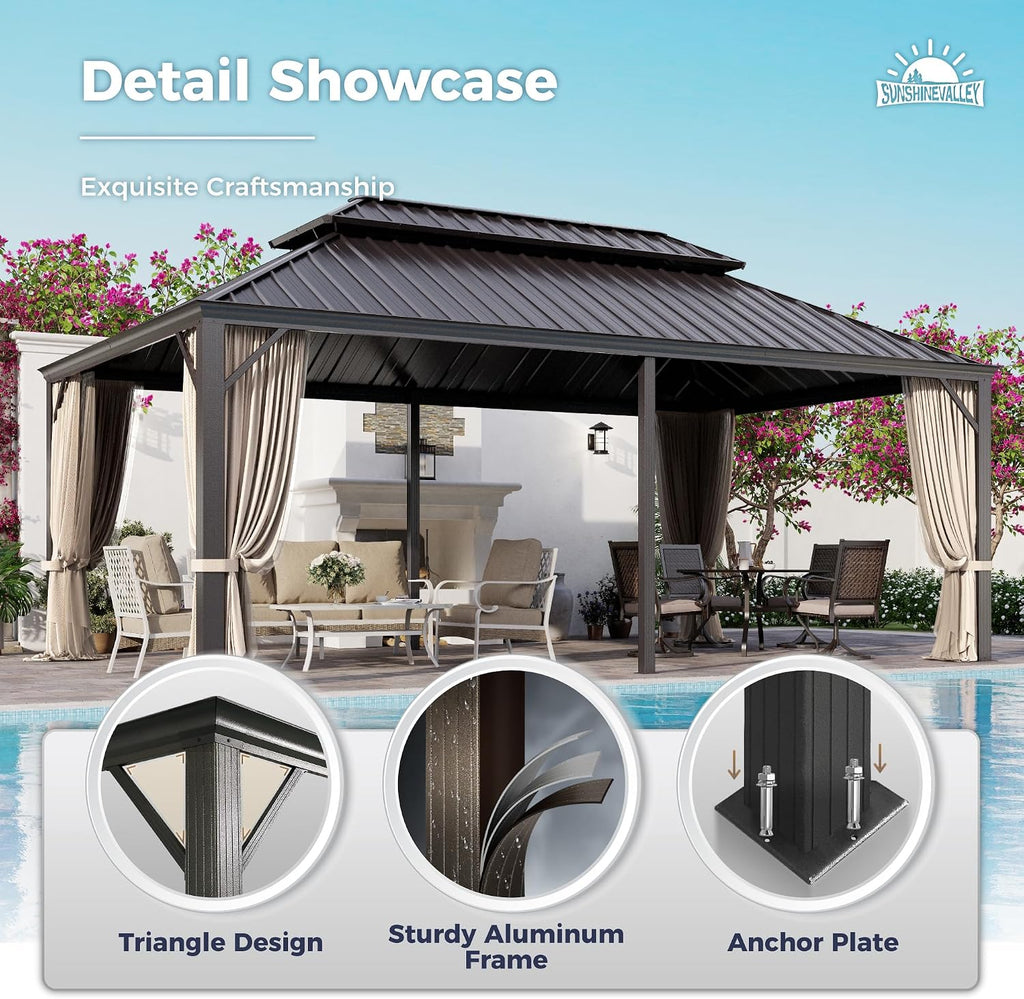 SUNSHINE VALLEY 12'x20' Hardtop Gazebo, Permanent Aluminum Outdoor Gazebo with Galvanized Steel Double Roof & Gutter System, Heavy Duty Patio Pavilion Canopy with Netting and Curtains for Deck, Garden