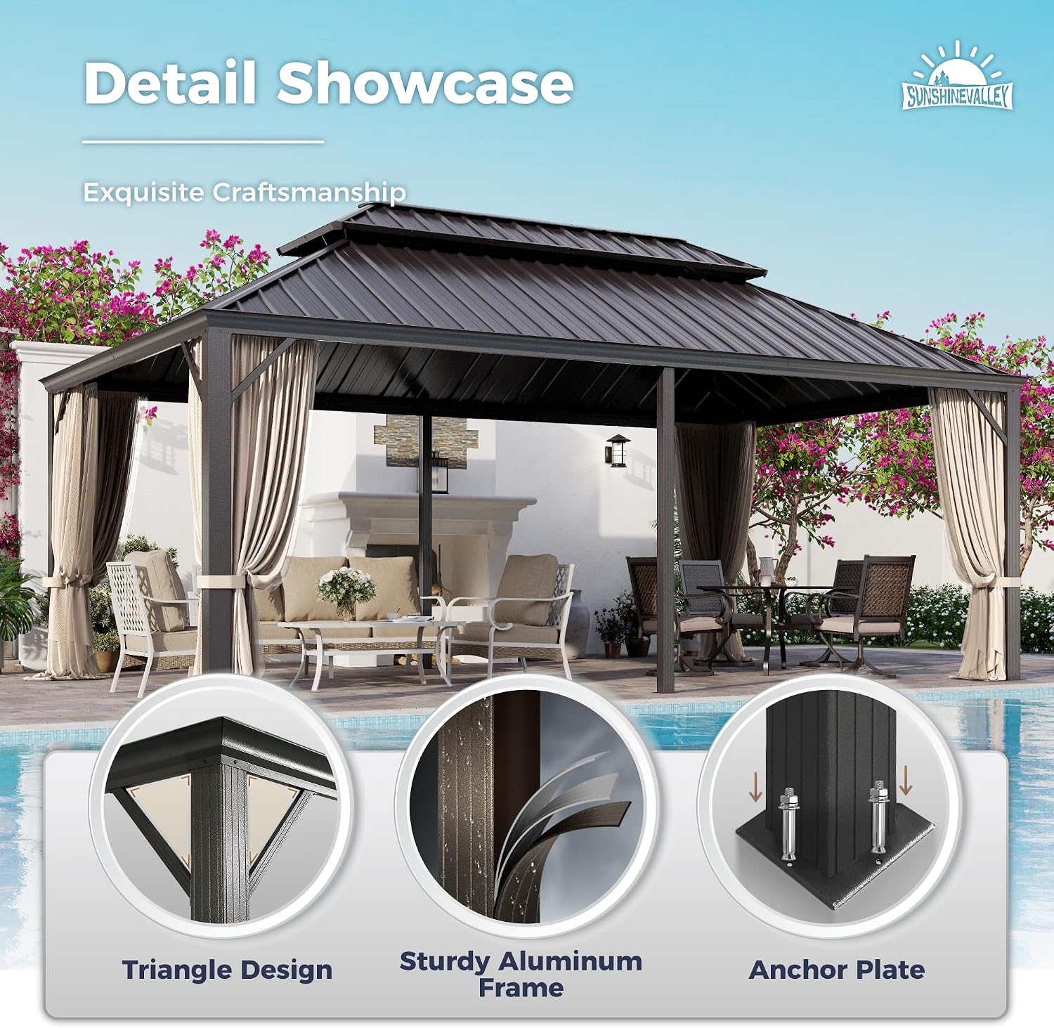 SUNSHINE VALLEY 12'x20' Hardtop Gazebo, Permanent Aluminum Outdoor Gazebo with Galvanized Steel Double Roof & Gutter System, Heavy Duty Patio Pavilion Canopy with Netting and Curtains for Deck, Garden