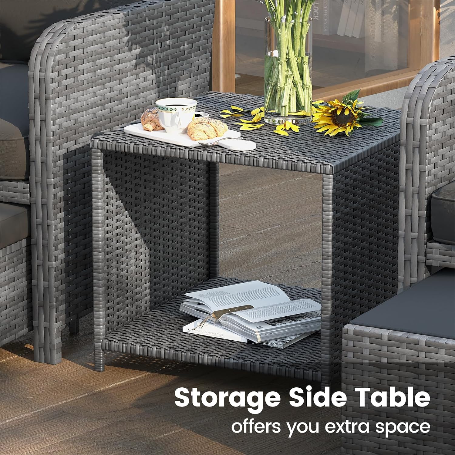 UDPATIO Wicker Patio Chairs with Ottoman Balcony Furniture 5 Pieces Patio Conversation Set with Pull Out Ottoman for Small Space