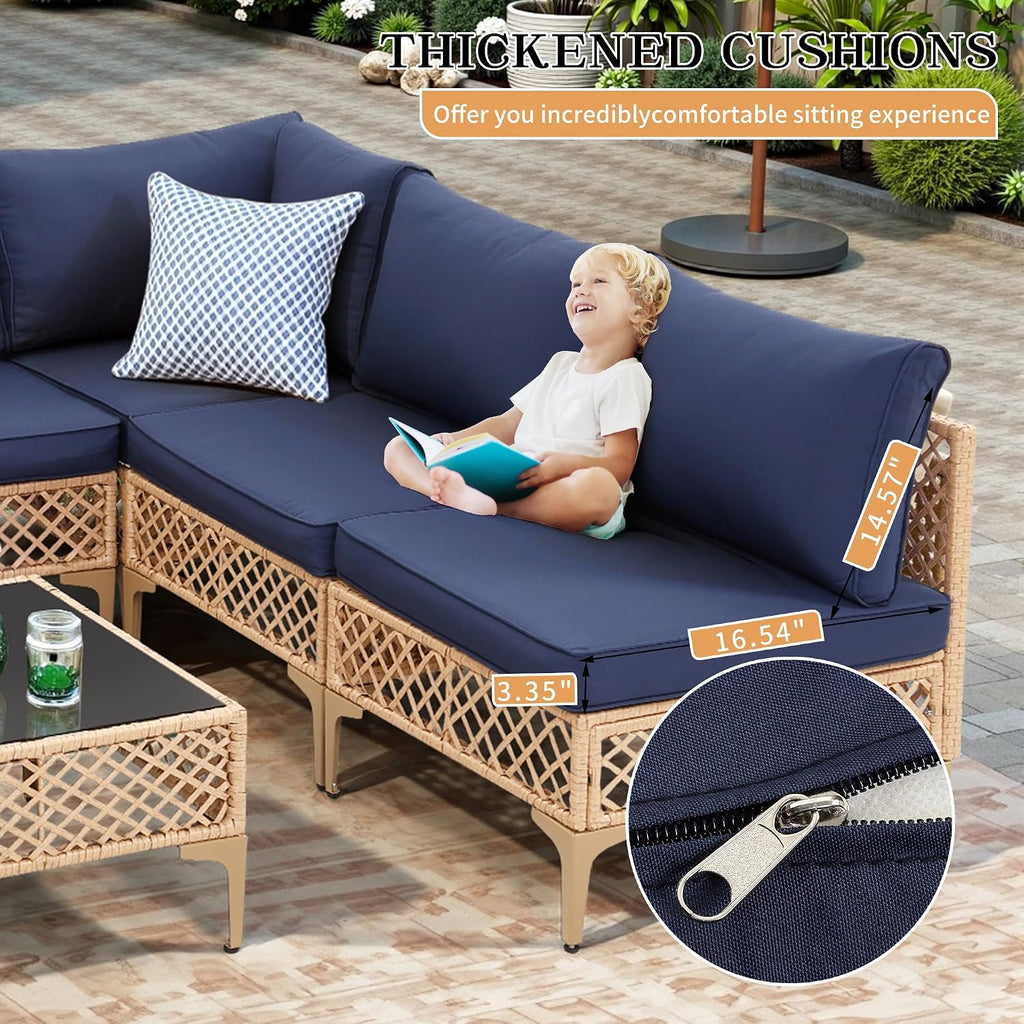 FHFO 7 Piece Patio Furniture Set, Outdoor Wicker Modular Sectional Patio Conversation Set with Thicker Cushion & Tempered Glass Coffee Table for Backyard, Poolside, Porch (Yellow/Blue)