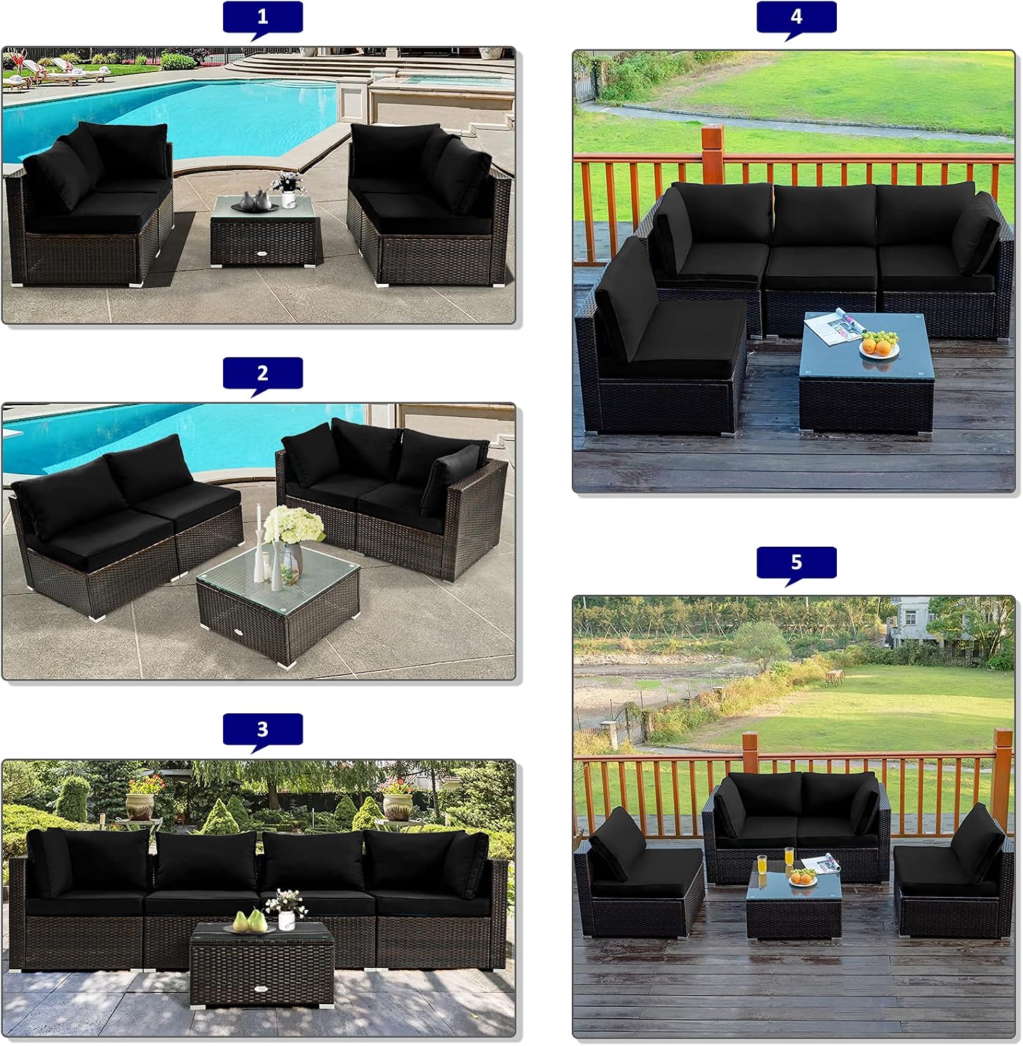 Tangkula 6-Piece Patio Furniture Set with 30' Propane Fire Pit Table, Outdoor PE Wicker Conversation Set with Cushions and Tempered Glass Coffee Table, Gas Fire Pit Table with 50,000 BTU (Black)