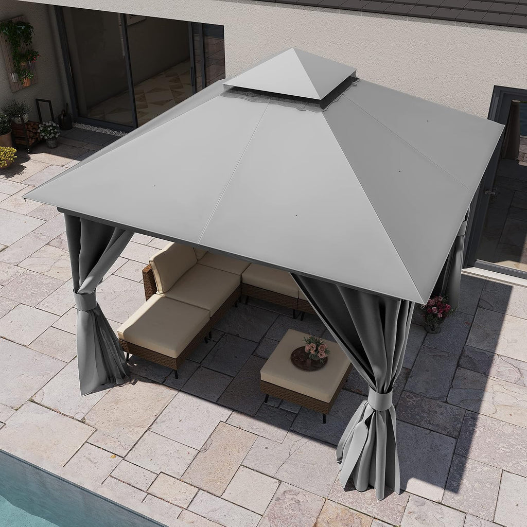LAUSAINT HOME Gazebo 10x10ft, Heavy Duty Patio Gazebo with Expansion Bolts, Party Canopy Tent with Double Roofs, Mosquito Nettings and Privacy Screens for Backyard, Garden, Lawn, Grey