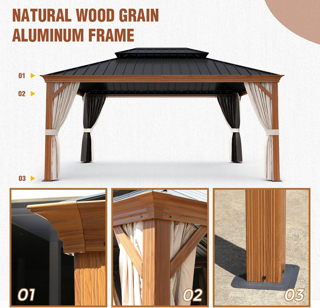 EAGLE PEAK 12x16 Hardtop Gazebo, Galvanized Steel Double Roof with Wood Grain Aluminum Frame, Outdoor Pavilion with Netting and Curtains for Patio, Deck, Lawn and Garden, Woodgrain/Black