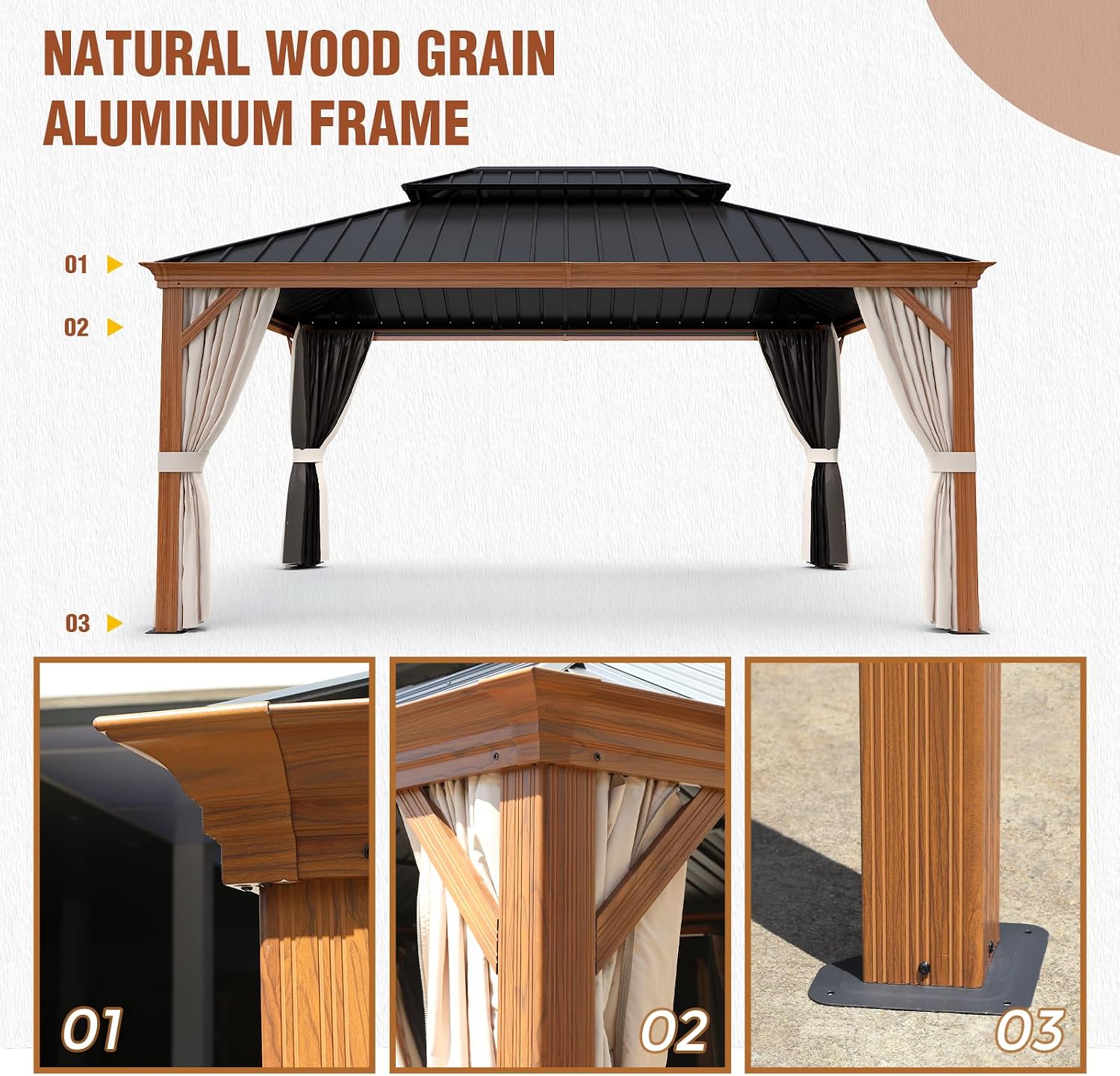 EAGLE PEAK 12x16 Hardtop Gazebo, Galvanized Steel Double Roof with Wood Grain Aluminum Frame, Outdoor Pavilion with Netting and Curtains for Patio, Deck, Lawn and Garden, Woodgrain/Black