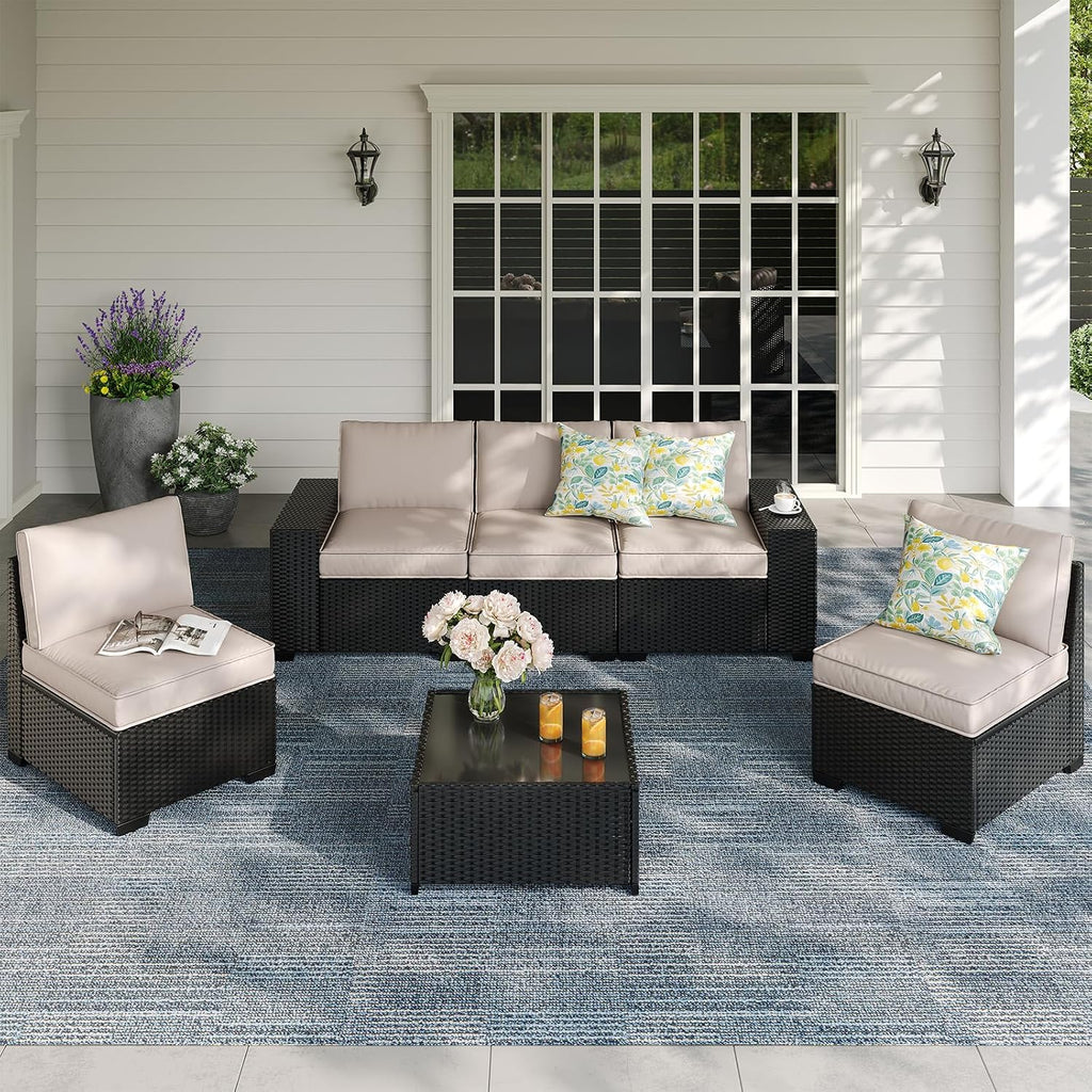 Patio Furniture Set, 6 Pieces Outdoor Couch Sofa with Wider Armrests & Glass Coffee Table, Outdoor Sectional Furniture with Thick Cushions for Party, Poolside,Garden-Beige