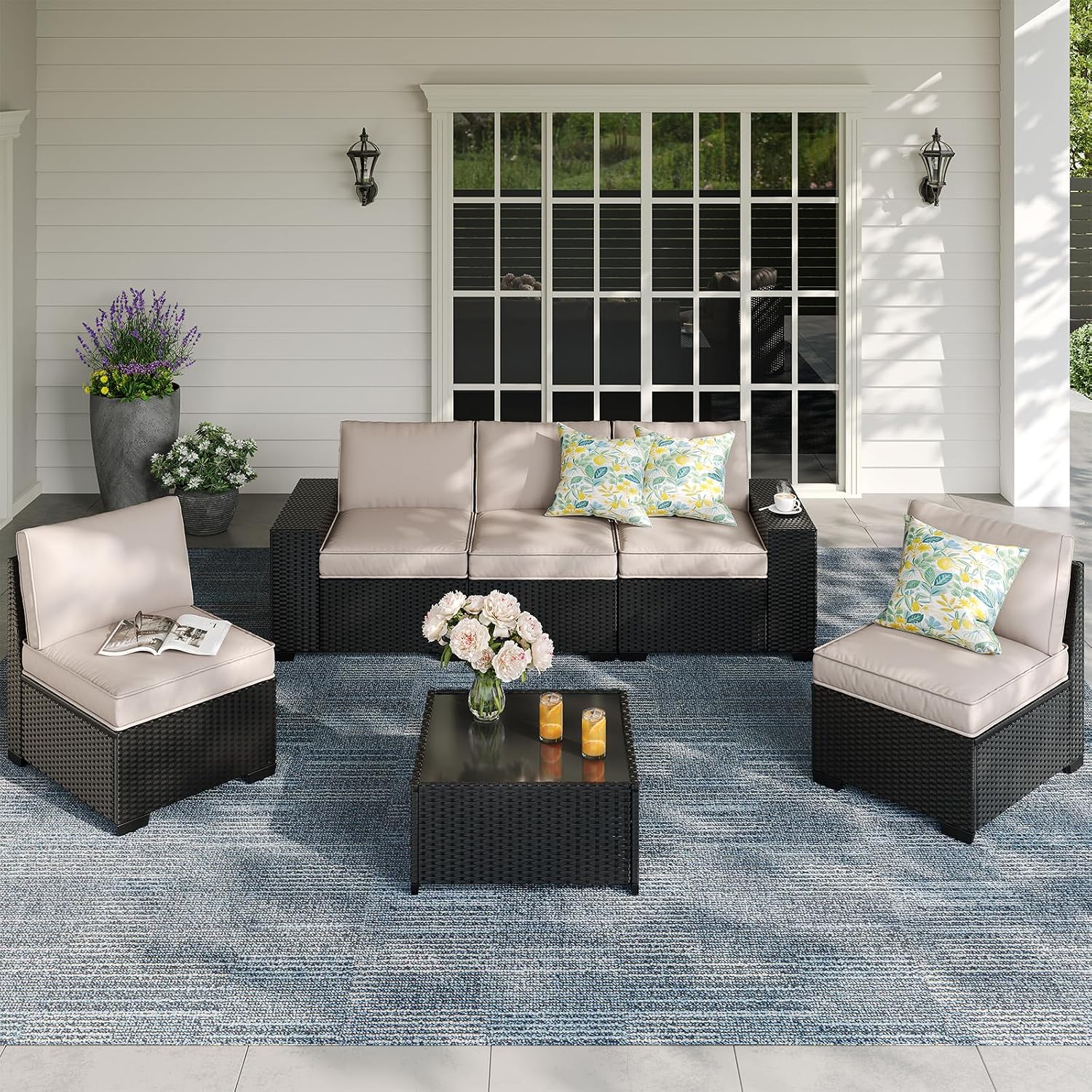 Patio Furniture Set, 6 Pieces Outdoor Couch Sofa with Wider Armrests & Glass Coffee Table, Outdoor Sectional Furniture with Thick Cushions for Party, Poolside,Garden-Beige