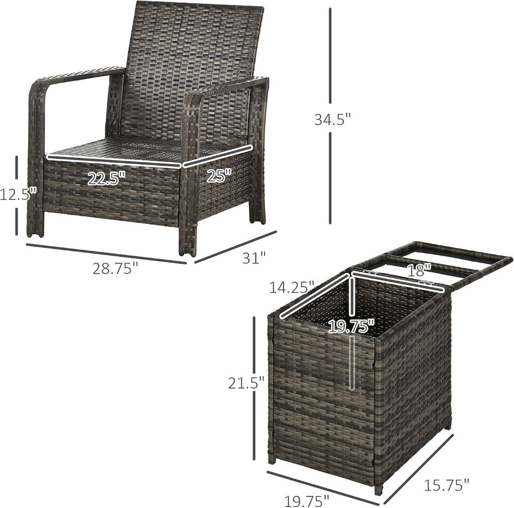 Outsunny 3 Piece Patio Furniture Set, PE Rattan Wicker Storage Table and Chairs w/Tufted Cushions for Outdoor Garden, Backyard, Poolside, Balcony, Beige