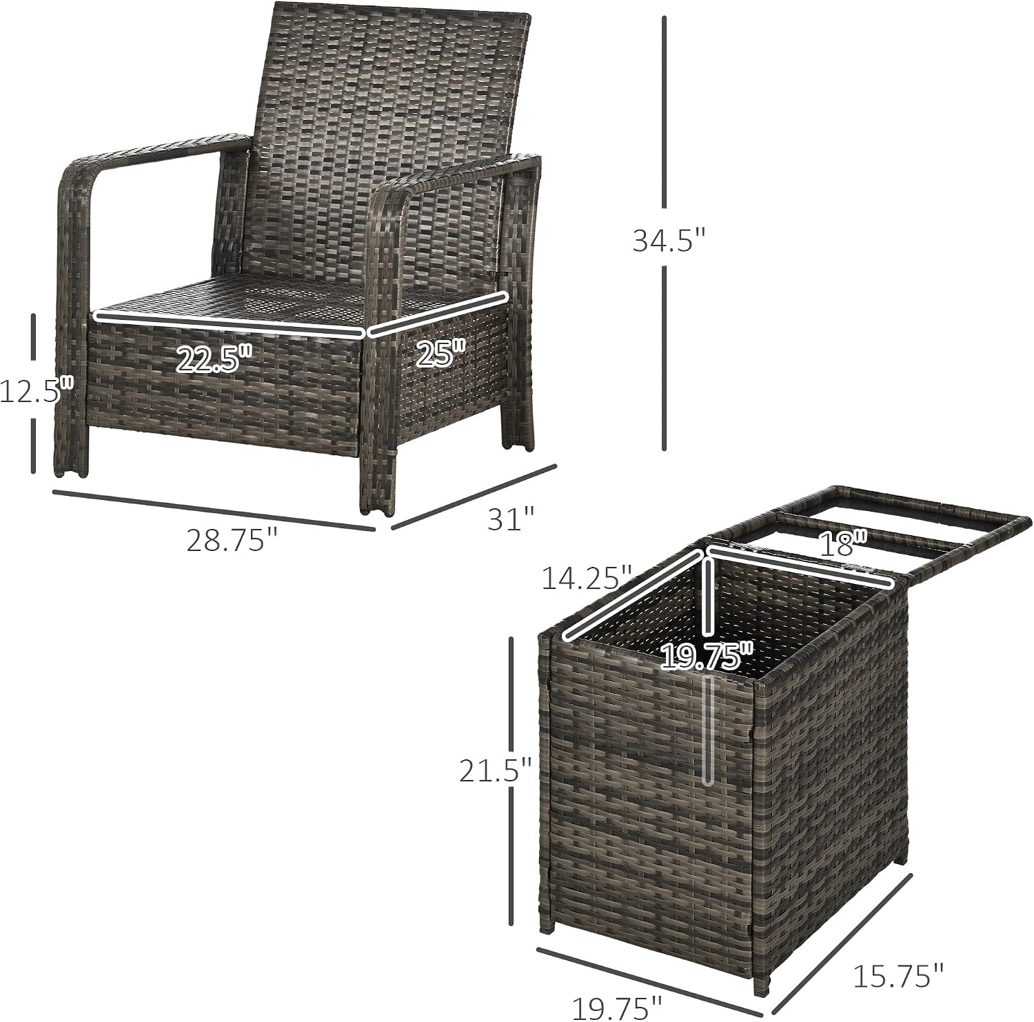 Outsunny 3 Piece Patio Furniture Set, PE Rattan Wicker Storage Table and Chairs w/Tufted Cushions for Outdoor Garden, Backyard, Poolside, Balcony, Beige