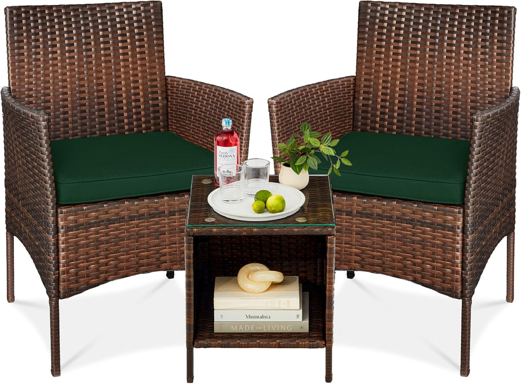 Best Choice Products 3-Piece Outdoor Wicker Conversation Bistro Set, Space Saving Patio Furniture for Garden w/Side Table - Brown/Midnight Green