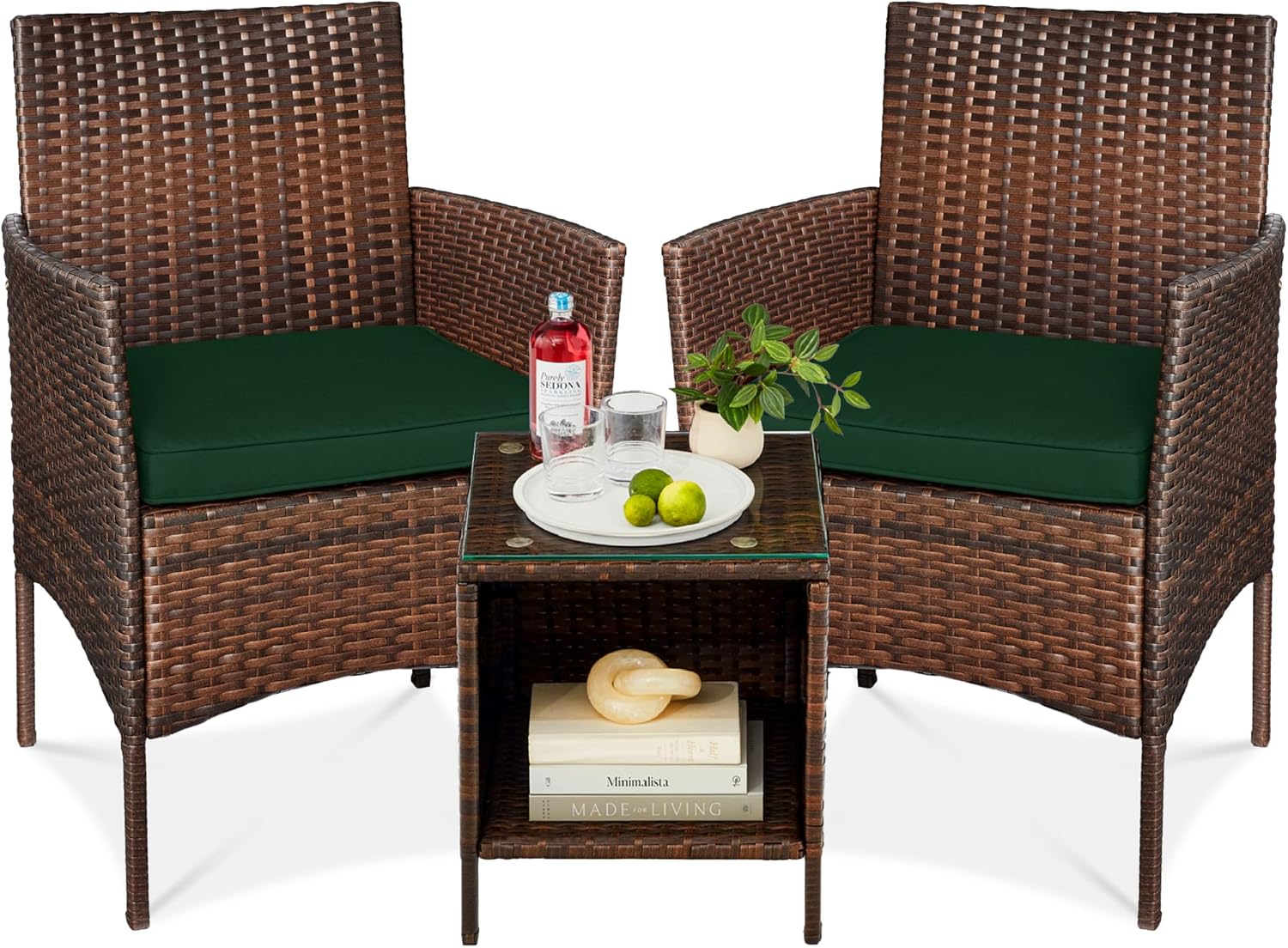 Best Choice Products 3-Piece Outdoor Wicker Conversation Bistro Set, Space Saving Patio Furniture for Garden w/Side Table - Brown/Midnight Green