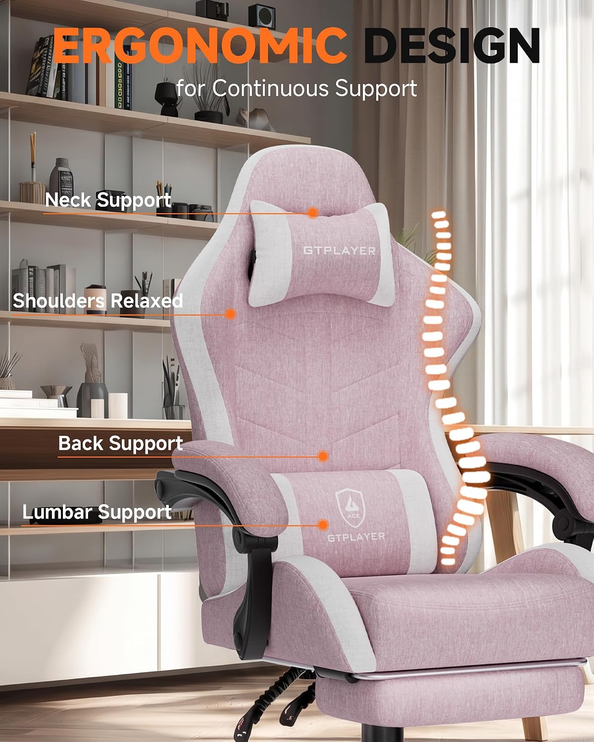 GTPLAYER Gaming Chair with Footrest, Computer Gaming Chair for Adults and Kids, Height Adjustable Gamer Chair with 90-155° Recline & Removable Headrest Lumbar Support,Linen Fabric Pink