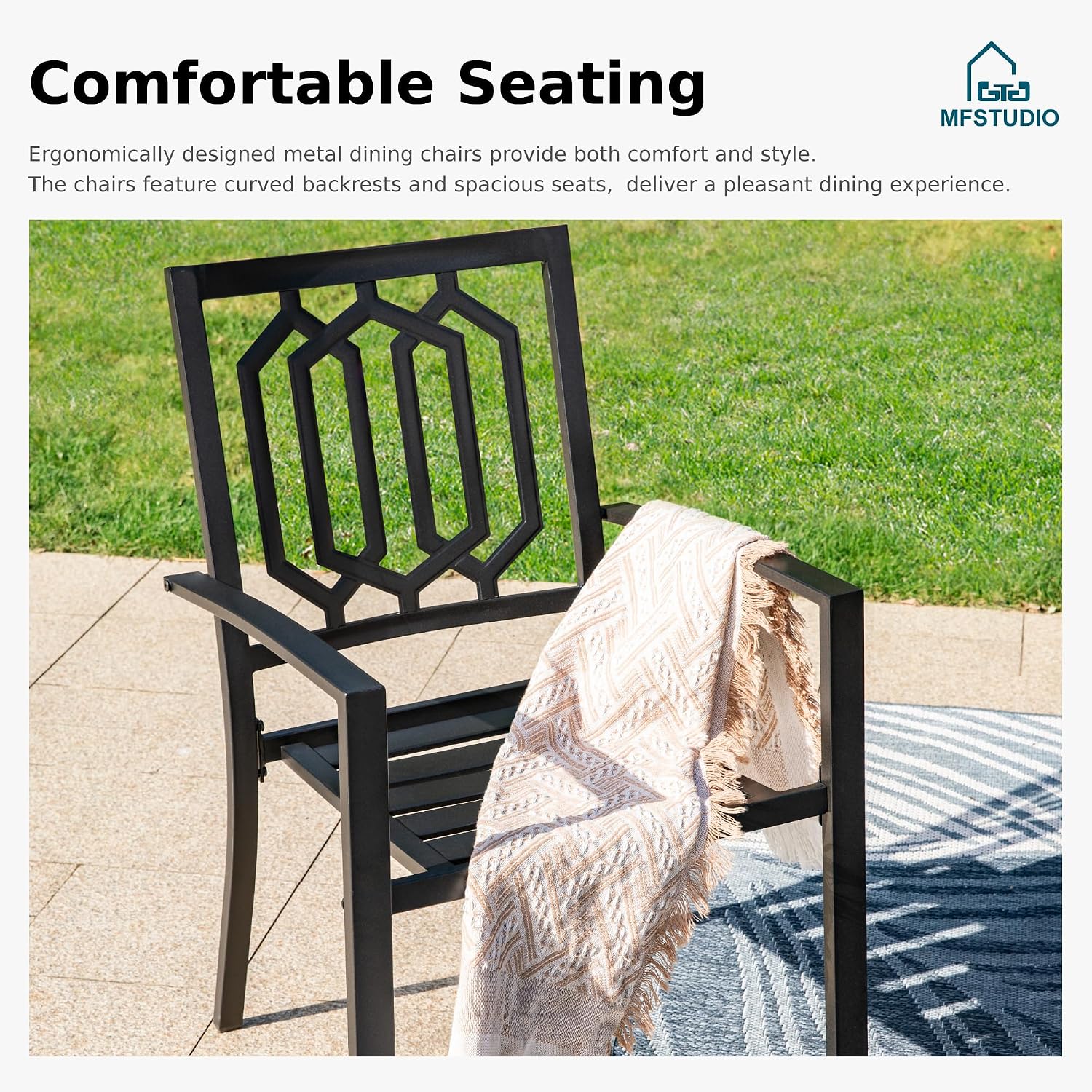 MFSTUDIO Patio Dining Set for 4, Outdoor Table and Chairs Set with Umbrella Hole, 5 Piece Metal Patio Furniture Set for Deck, Backyard, Poolside & Garden