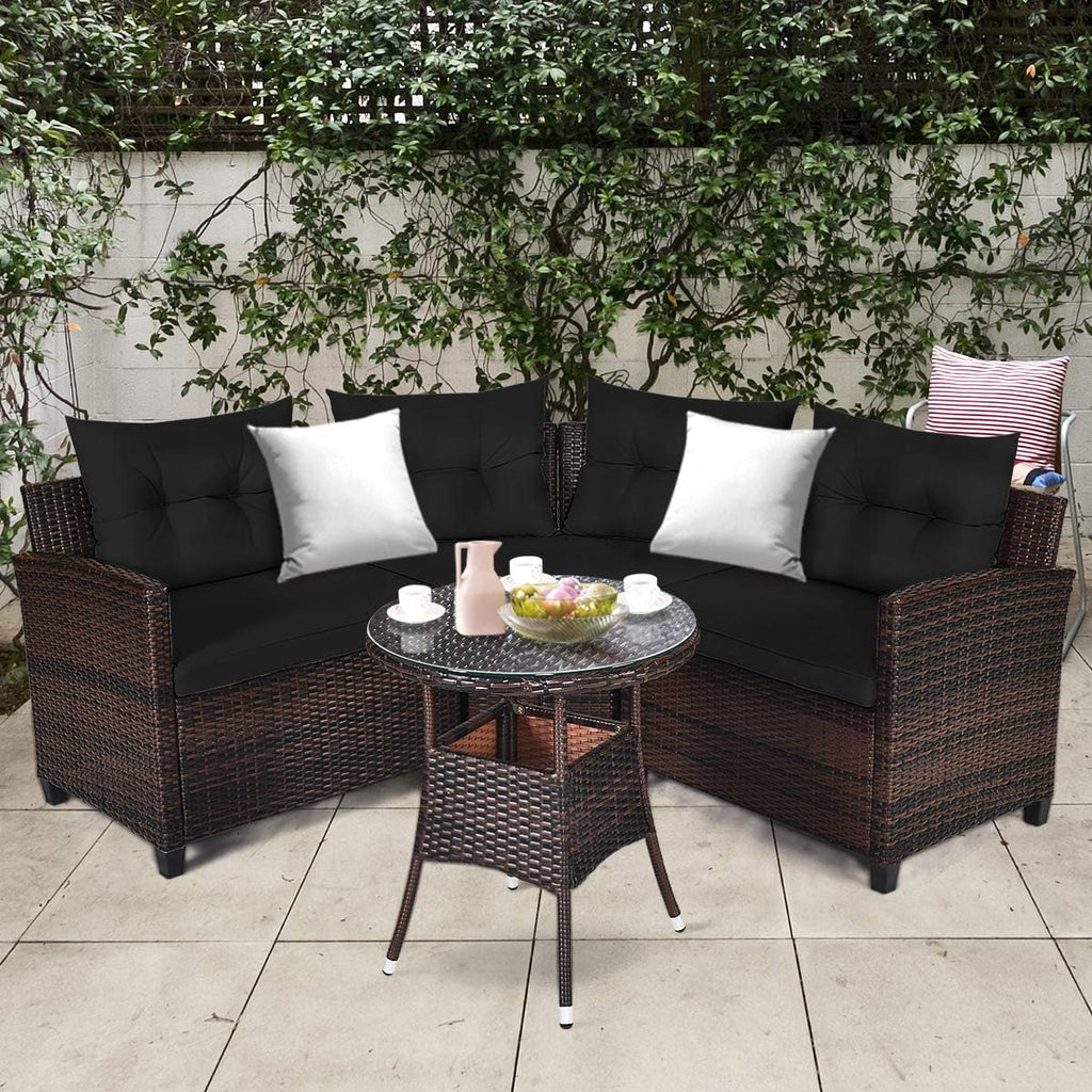 Tangkula 4-Piece C Shape Patio Furniture Set, Outdoor Corner Wicker Rattan Sectional Cushioned Sofa Set, with Glass Coffee Table, for Garden Poolside Balcony (Black)