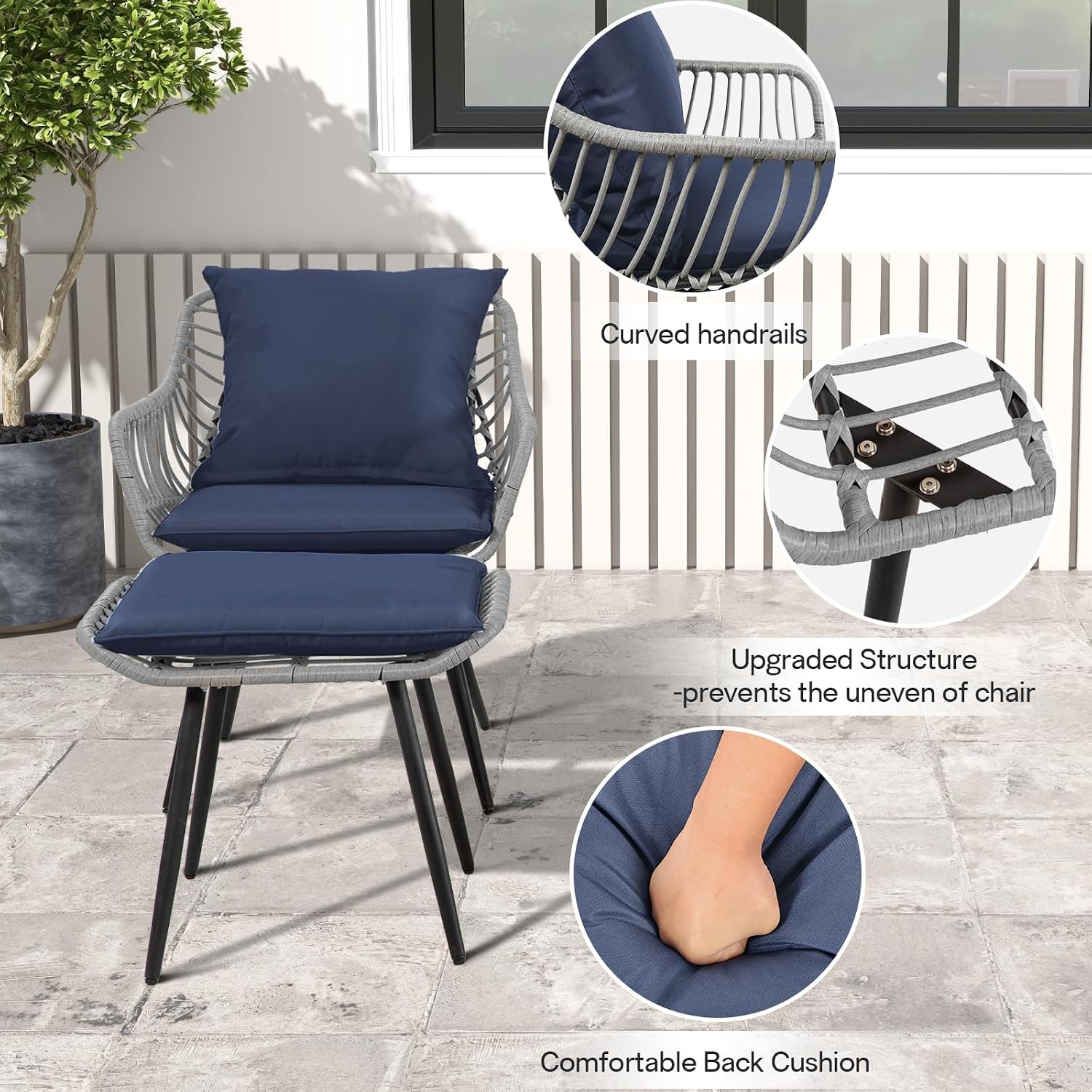 FHFO 5 Piece Outdoor Patio Furniture Set, Rattan Balcony Furniture with Ottomans, Wicker Bistro Table and Chairs Footrest for Patio, Garden, Porch, Backyard, Poolside(Gray-Blue)