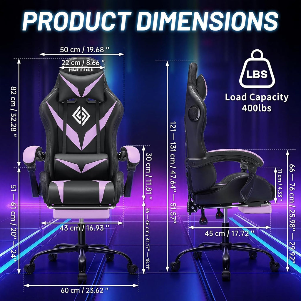 HOFFREE Gaming Chair Massage with Bluetooth Speakers and Led Lights Ergonomic Computer Gaming Chair with Footrest RGB Video Game Chair with High Back Lumbar Support Purple and Black
