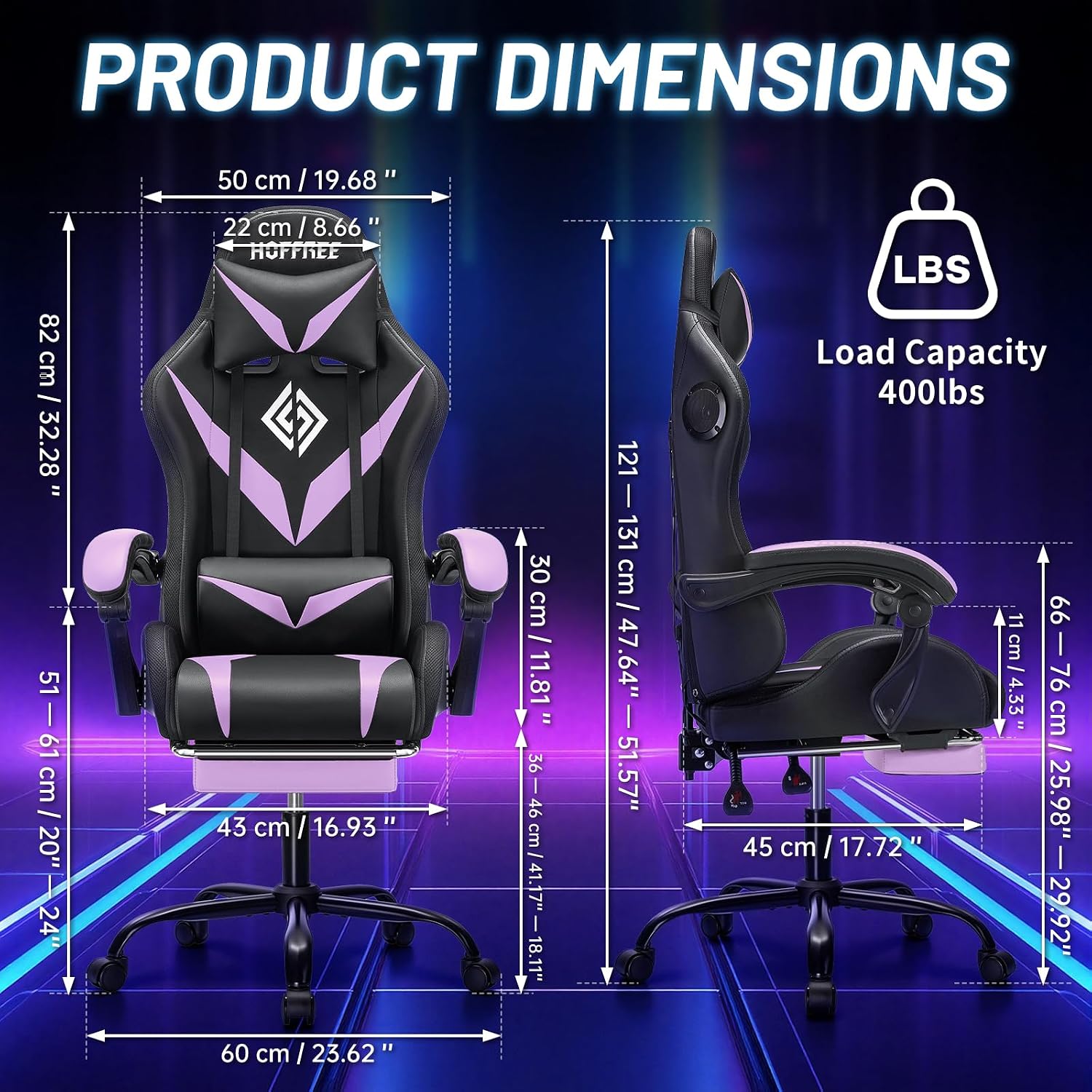HOFFREE Gaming Chair Massage with Bluetooth Speakers and Led Lights Ergonomic Computer Gaming Chair with Footrest RGB Video Game Chair with High Back Lumbar Support Purple and Black