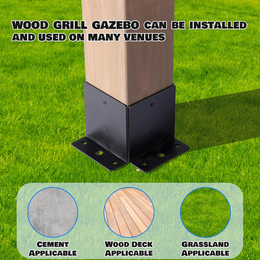 8x6 FT Outdoor Wood Grill Gazebo with Sloping Steel Roof, Hardtop Patio BBQ Wooden Gazebos with 2 Side Storage Bar,Cedar Frame Gazebo for Barbecue, Garden, Deck ，Backyard