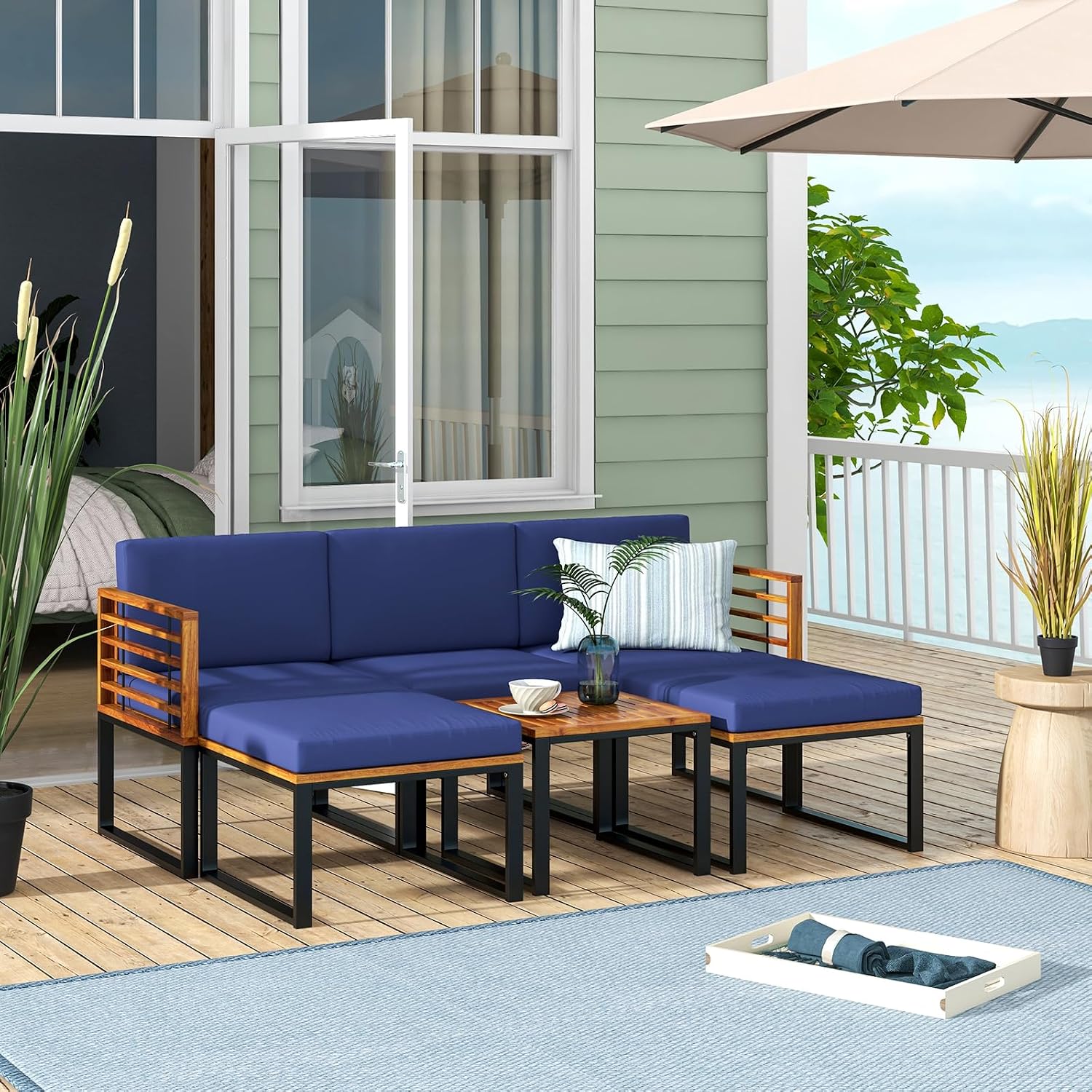 Tangkula 6 Pieces Acacia Wood Patio Furniture Set, Outdoor Sectional Conversation Sofa Set with Cushions, Coffee Table and Ottomans, Metal Frame Patio Sofas for Garden, Poolside, Backyard, Navy