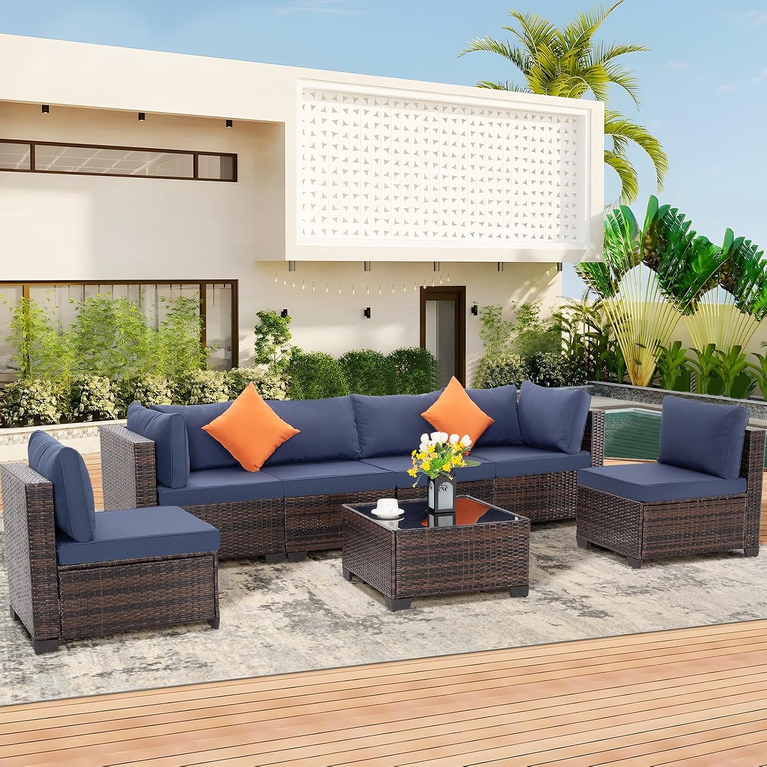 FHFO 7 Piece Outdoor Wicker Patio Furniture Set, Rattan Sectional Sofa Couch, Patio Conversation Set with Cushion & Coffee Table, for Backyard Poolside Porch Garden, Brown-Blue