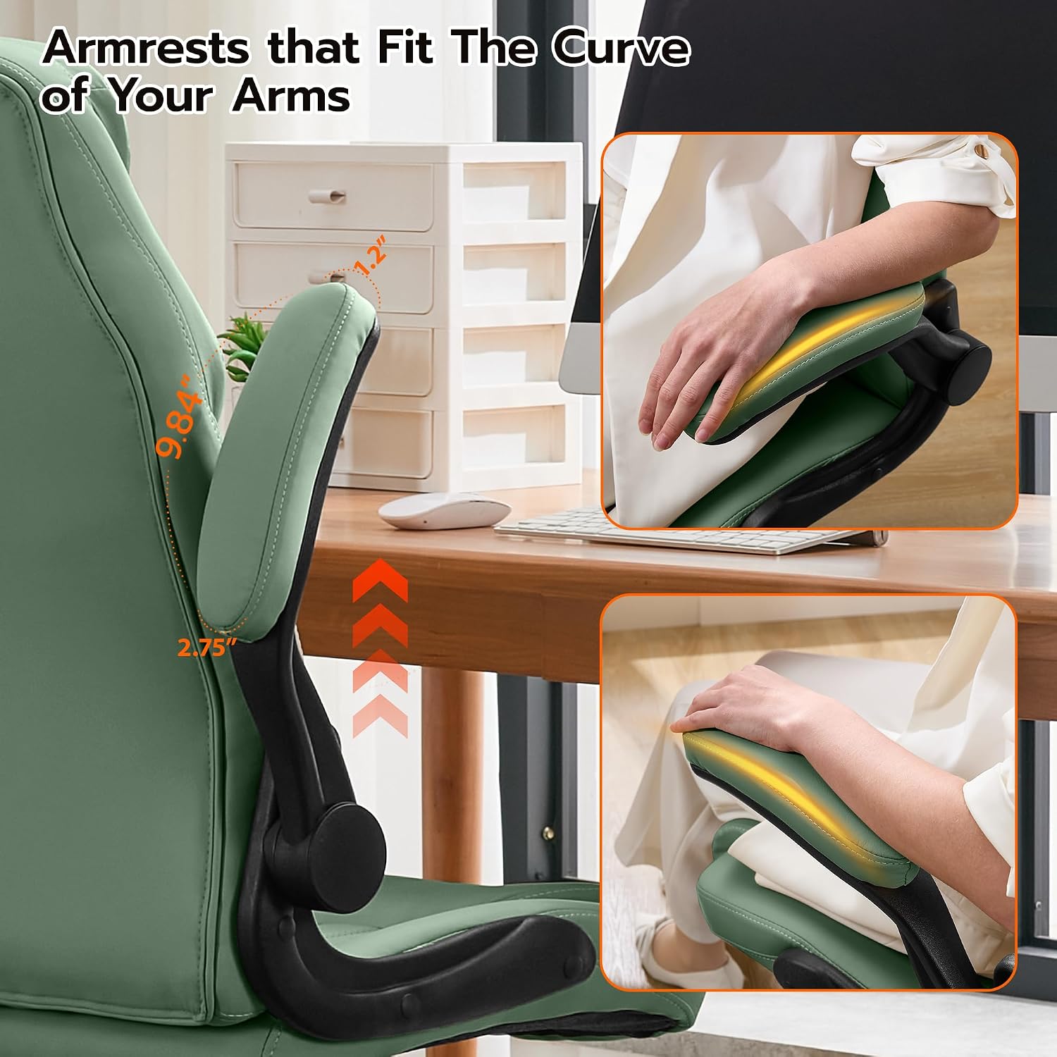 Ylzyxal Office Desk Chair, Ergonomic Computer Chair with Padded Flip-Up Arms and Adjustable Lumbar Support, PU Leather Executive Chair with Tilt Lock and 360° Swivel Rolling Wheels for Work, Study
