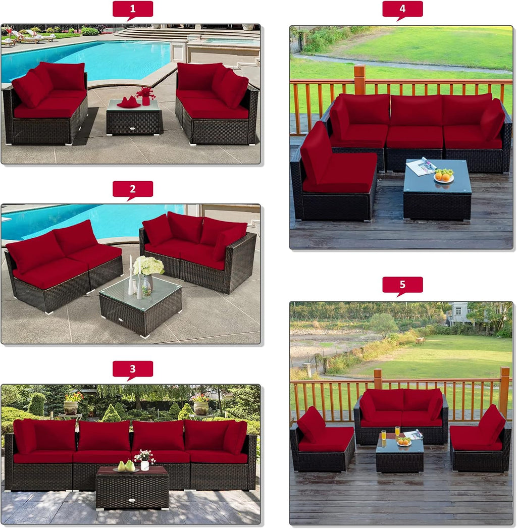 Tangkula 6-Piece Patio Furniture Set with 30' Propane Fire Pit Table, Outdoor PE Wicker Conversation Set with Cushions and Tempered Glass Coffee Table, Gas Fire Pit Table with 50,000 BTU (Red)