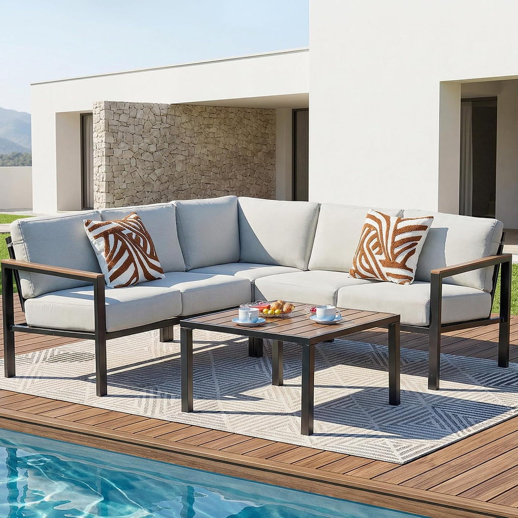 NATURAL EXPRESSIONS 6 Pieces Patio Furniture Set, Outdoor Couch with Thick Olefin Cushions, Fauxwood Armrest and Tabletop, Ergonomic Design Highback, Outdoor Sectional for Backyard, Deck (Grey)