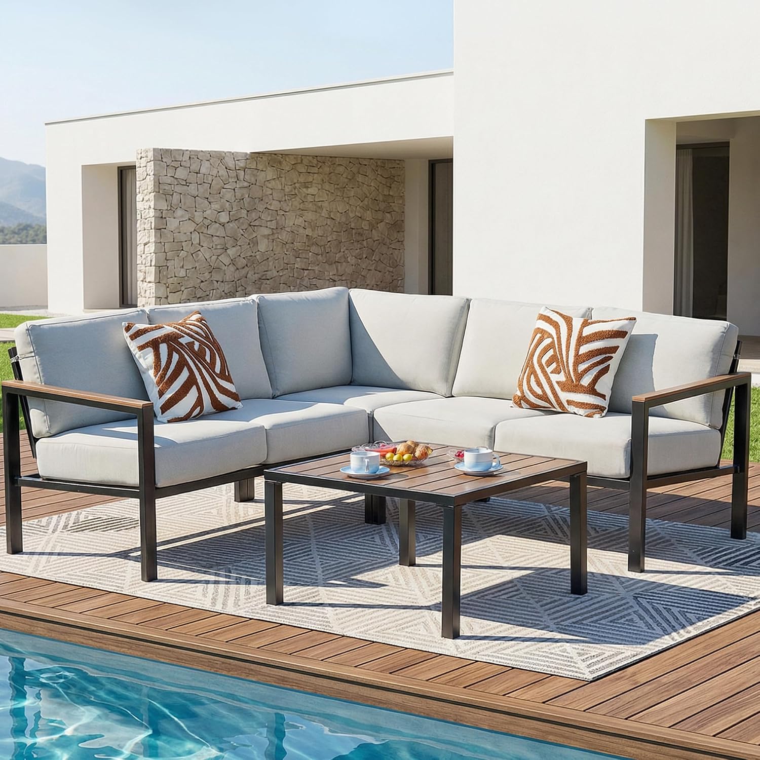 NATURAL EXPRESSIONS 6 Pieces Patio Furniture Set, Outdoor Couch with Thick Olefin Cushions, Fauxwood Armrest and Tabletop, Ergonomic Design Highback, Outdoor Sectional for Backyard, Deck (Grey)
