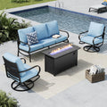 MFSTUDIO 4 Pieces Patio Conversation Sets, All Weather Metal Frame Outdoor Furniture Set Patio Sofas with 1 x 45 Rectangular Propane Fire Table, 1 x 3-Seat Sofa, 2 x Swivel Chairs, Blue Cushion