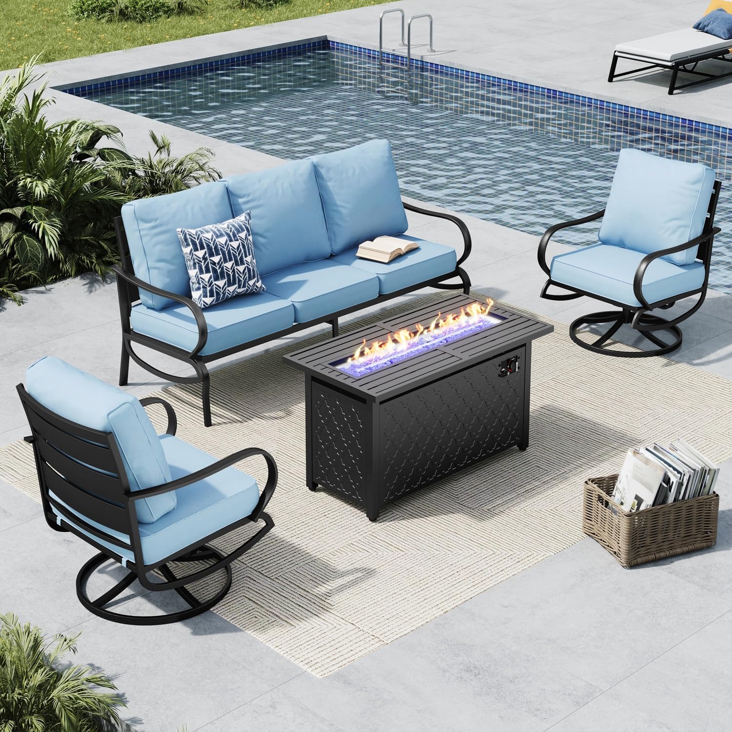 MFSTUDIO 4 Pieces Patio Conversation Sets, All Weather Metal Frame Outdoor Furniture Set Patio Sofas with 1 x 45 Rectangular Propane Fire Table, 1 x 3-Seat Sofa, 2 x Swivel Chairs, Blue Cushion
