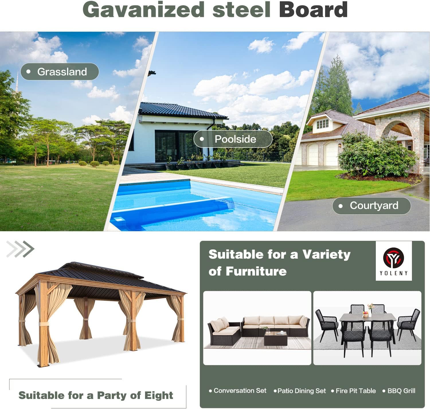 YOLENY 12' x 20' Hardtop Gazebo Wood Grain Pergola with Galvanized Steel Double Roof, Aluminum Frame, Outdoor Patio Gazebo with Netting and Curtains for Deck, Backyard, Patio and Lawns