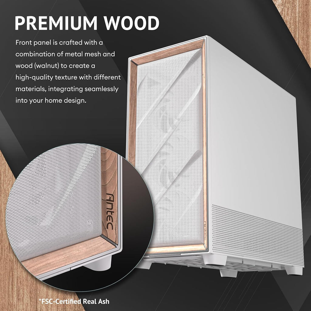 Antec Flux Pro White, 6 x PWM Fans Included, High-Airflow Front Panel with Birch Wood, iShift PSU 90° Mount, USB3.0 x 2, Type-C, 420mm Radiator Support, Temp. Display, Full-Tower E-ATX PC Case