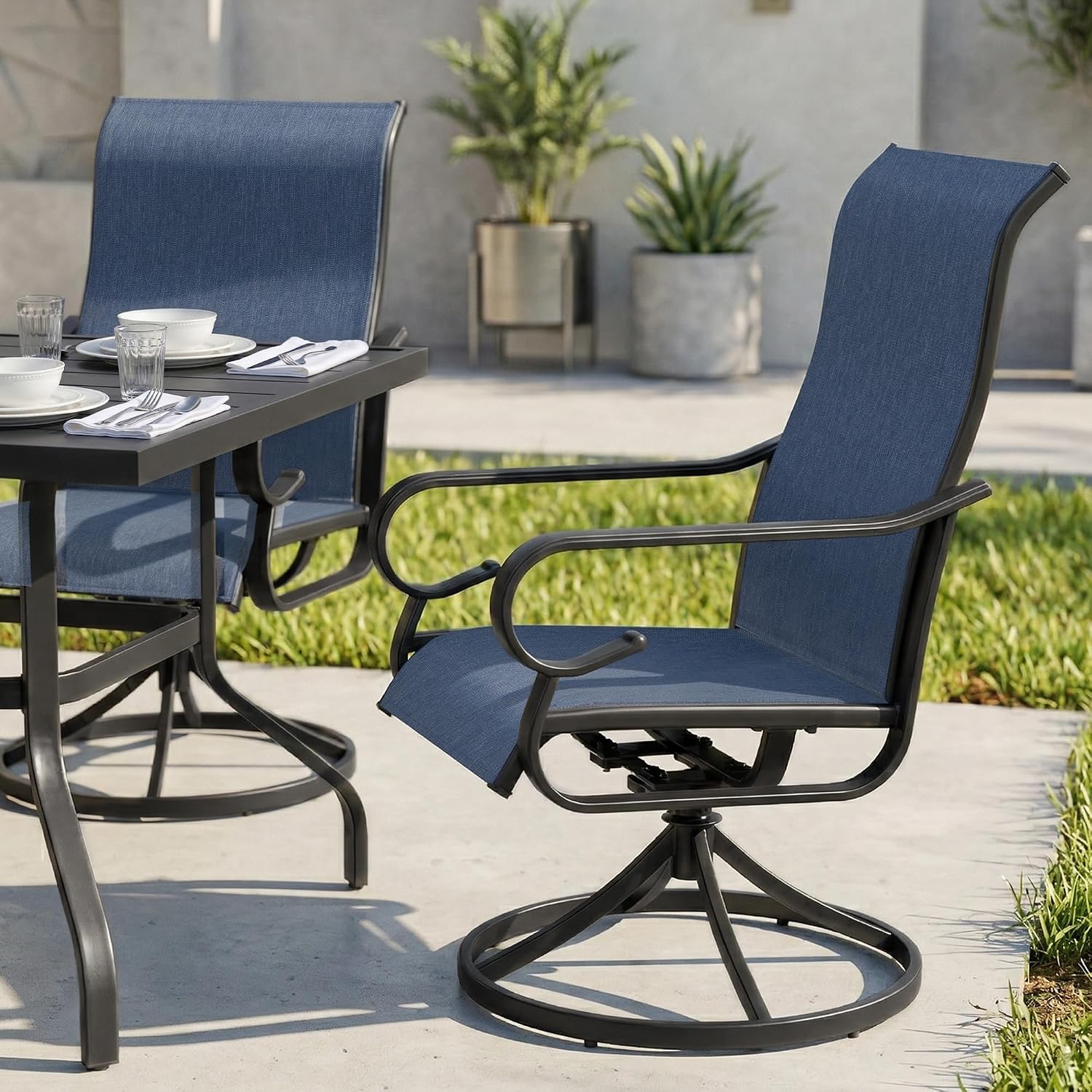 NUU GARDEN 7PCS Outdoor Dining Set with Umbrella Hole, Patio Table and Chair Set, Outdoor Dining Table and Swivel Chairs with High Backrest, All-Weather Breathable Textilene Patio Dining Set, Blue