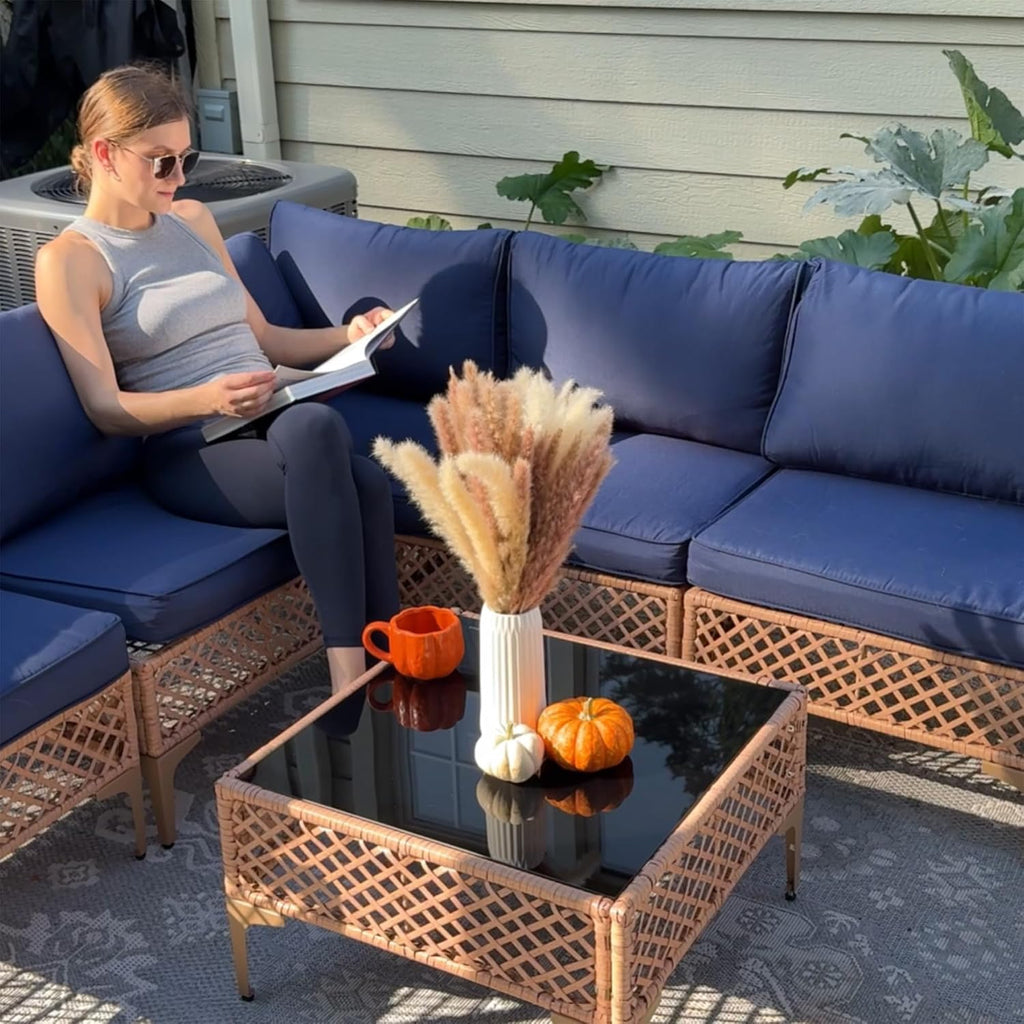 FHFO 7 Piece Patio Furniture Set, Outdoor Wicker Modular Sectional Patio Conversation Set with Thicker Cushion & Tempered Glass Coffee Table for Backyard, Poolside, Porch (Yellow/Blue)