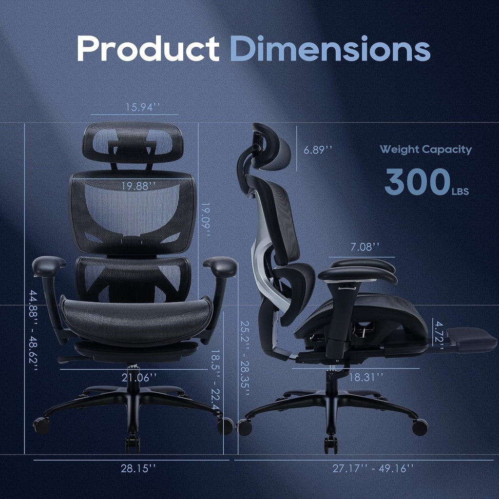 COLAMY Ergonomic Mesh Office Chair with Footrest, Executive High Back Computer Desk Chair with Wide Headrest and Adjustable 3D Arms, Backrest Height, Tilt Lock and Lumbar Support, Black