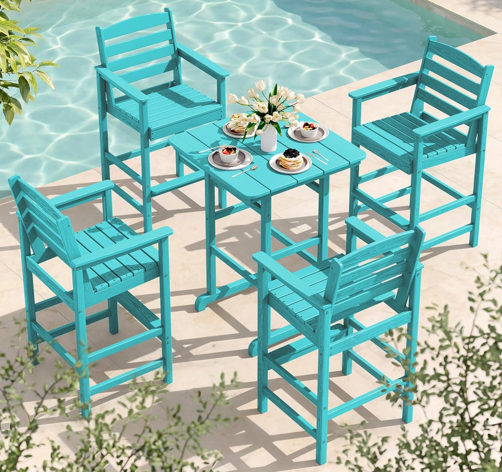 SERWALL 5 Pieces Adirondack Bar Chairs Set, HDPE Outdoor Barstool Furniture, Aruba