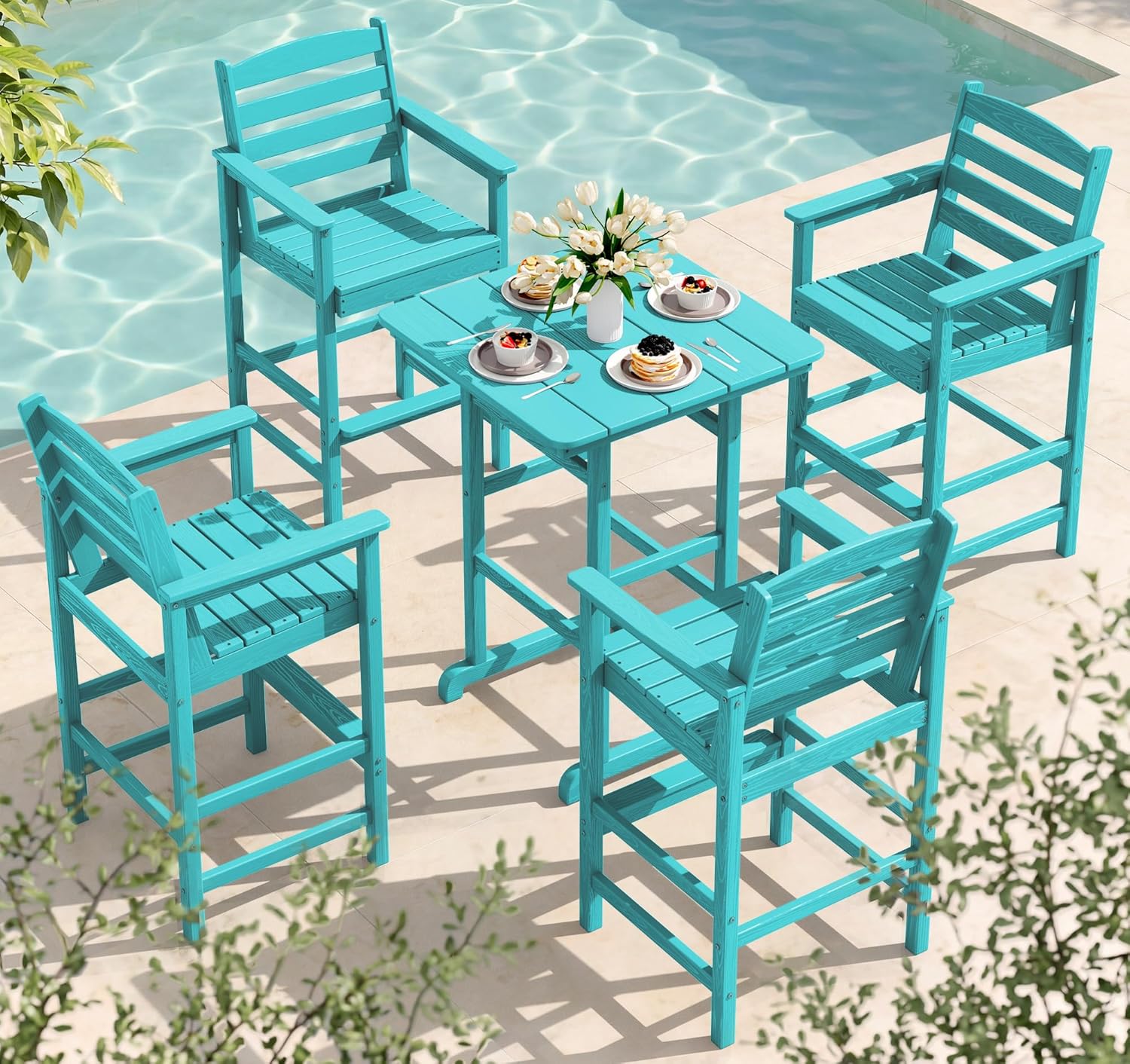SERWALL 5 Pieces Adirondack Bar Chairs Set, HDPE Outdoor Barstool Furniture, Aruba