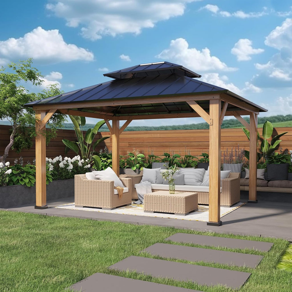 COOS BAY 11x13 Hardtop Gazebo with Cedar Wood Frame, Galvanized Steel Double Roof with UV Protection for Garden, Patio, Poolside, Backyard, Natural Wood/Black