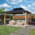 COOS BAY 11x13 Hardtop Gazebo with Cedar Wood Frame, Galvanized Steel Double Roof with UV Protection for Garden, Patio, Poolside, Backyard, Natural Wood/Black