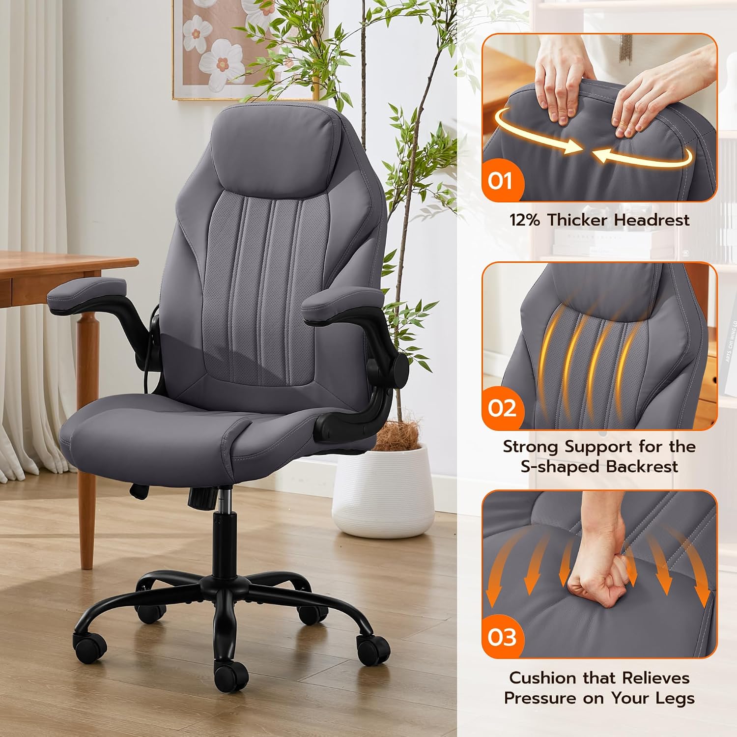 Ylzyxal Office Desk Chair, Ergonomic Computer Chair with Padded Flip-Up Arms and Adjustable Lumbar Support, PU Leather Executive Chair with Tilt Lock and 360° Swivel Rolling Wheels for Work, Study