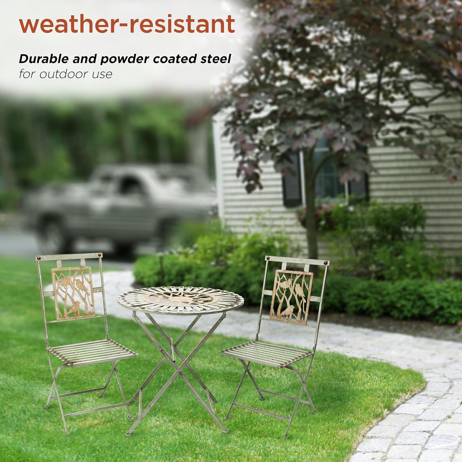 Alpine Corporation Indoor/Outdoor Bird Design 3-Piece Bistro Set Folding Table and Chairs Patio Seating