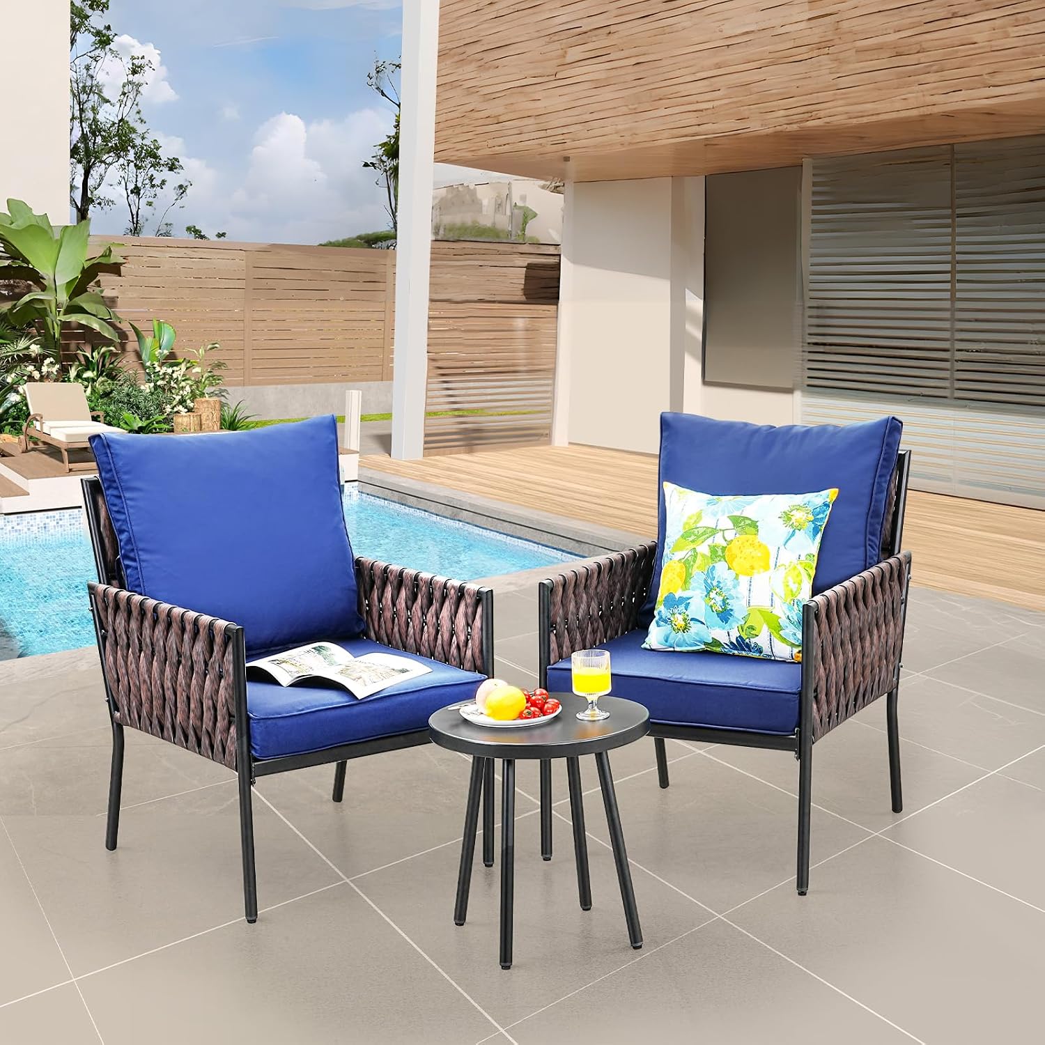 JOYURE 3 Pieces Patio Bistro Set,Patio Furniture Set with 2 Armrest Chairs and Round Side Table,Outdoor Modern Furniture Set with All-Weather Thick Cushion for Deck,Backyard,Navy