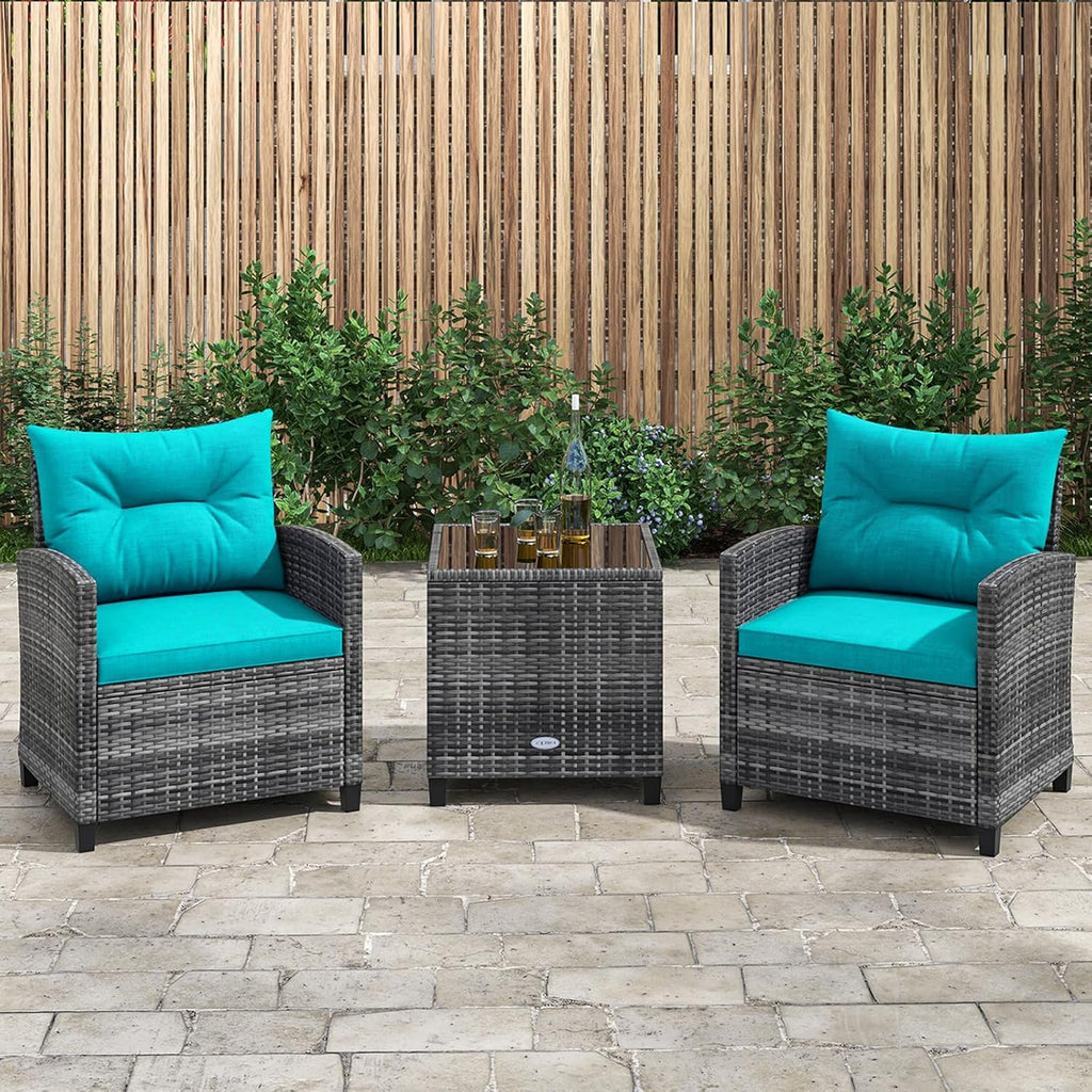 KOTEK 3 Piece Patio Furniture Set, Outdoor PE Rattan Conversation Set with Washable Cushions & Tempered Glass Tabletop, Wicker Chairs and Table Set for Porch, Garden, Balcony (Turquoise)
