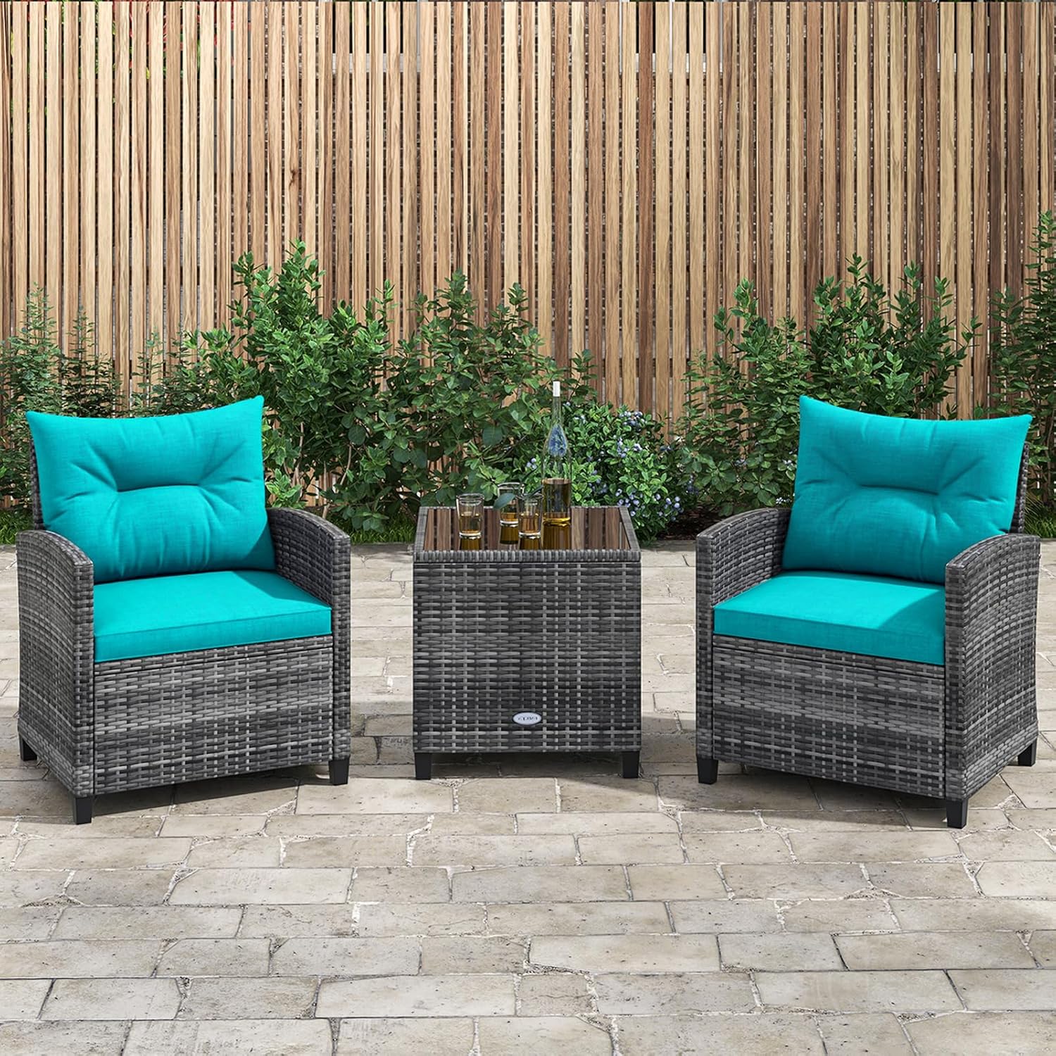 KOTEK 3 Piece Patio Furniture Set, Outdoor PE Rattan Conversation Set with Washable Cushions & Tempered Glass Tabletop, Wicker Chairs and Table Set for Porch, Garden, Balcony (Turquoise)