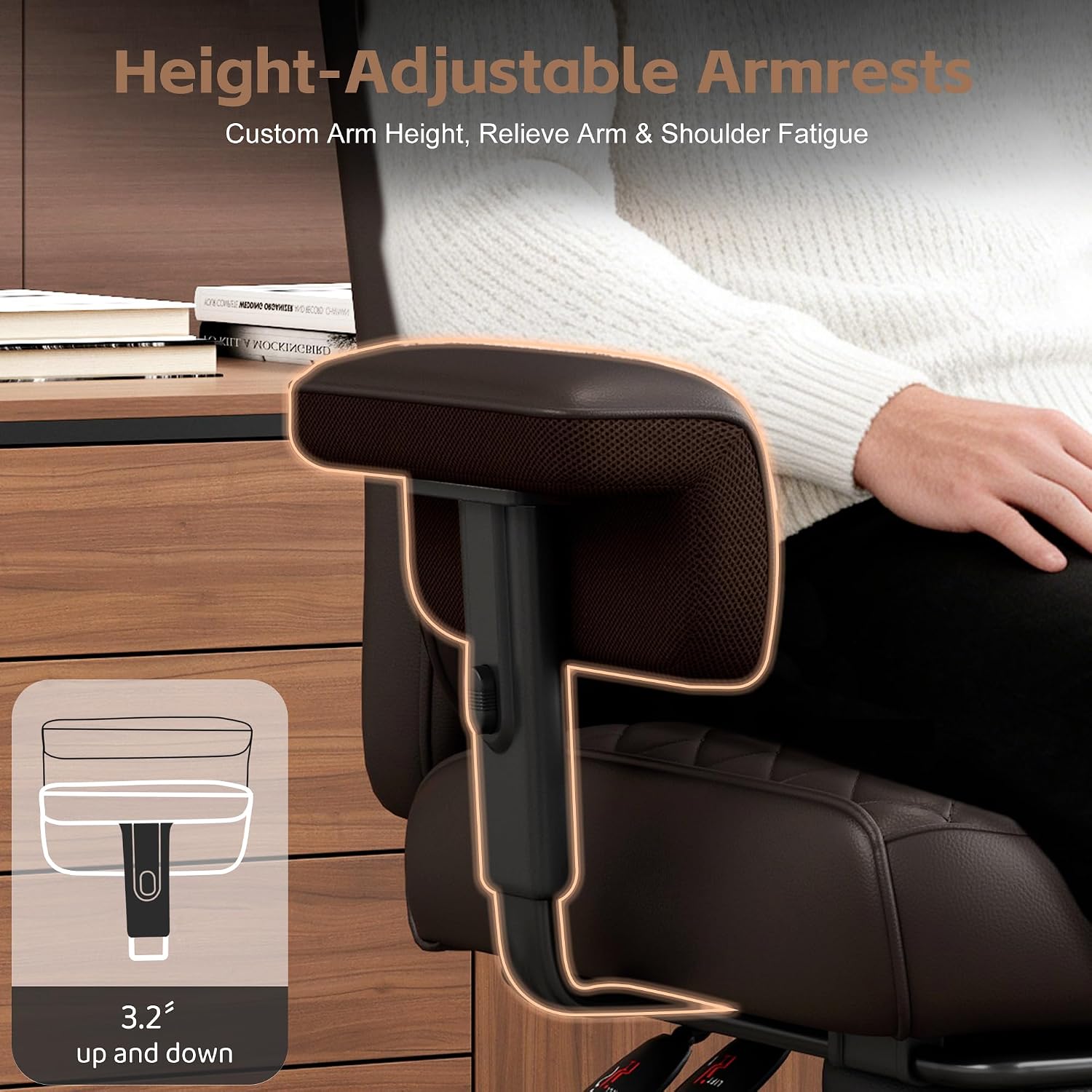 Vonesse Big and Tall Office Chair, Desk Chair with Soft Adjustable Armrests, Ergonomic High Back Gaming Chair with Lumbar Support, Executive Computer Chairs with Footrest (PU Leather, Brown)