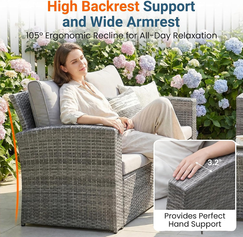 Wisteria Lane Patio Furniture Set, 5 Pieces Wicker Outdoor Furniture for All Weather, Patio Sofa with High Backrest Support and Wide Armrest for Backyard, Balcony, Deck, Porch, Ash Gray