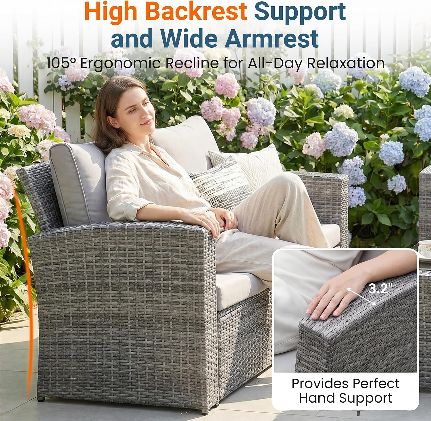 Wisteria Lane Patio Furniture Set, 5 Pieces Wicker Outdoor Furniture for All Weather, Patio Sofa with High Backrest Support and Wide Armrest for Backyard, Balcony, Deck, Porch, Ash Gray