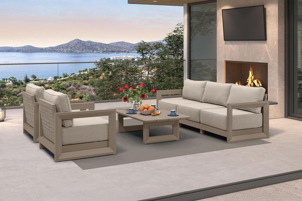 PURPLE LEAF Patio Furniture Set Open-End Outdoor Couch with 9.6' Thick Cushion and Soft Pillows 6 Piece Outdoor Sectional Sofas with Table Modern Outdoor Conversation Sets for Yard Porch Deck, Khaki