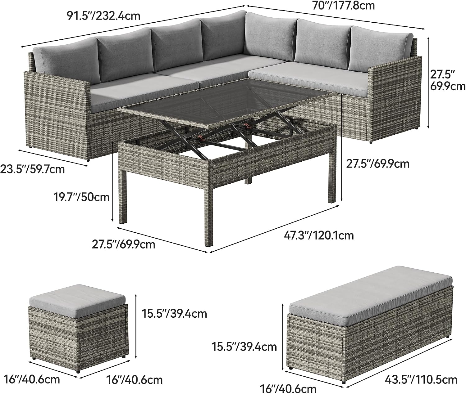 YITAHOME 9 Piece Patio Furniture Set, All-Weather Wicker Outdoor Sectional Sofa with Lift-Top Coffee Table & Ottoman, Patio Conversation Set for Deck, Backyard, Porch - Gray Gradient