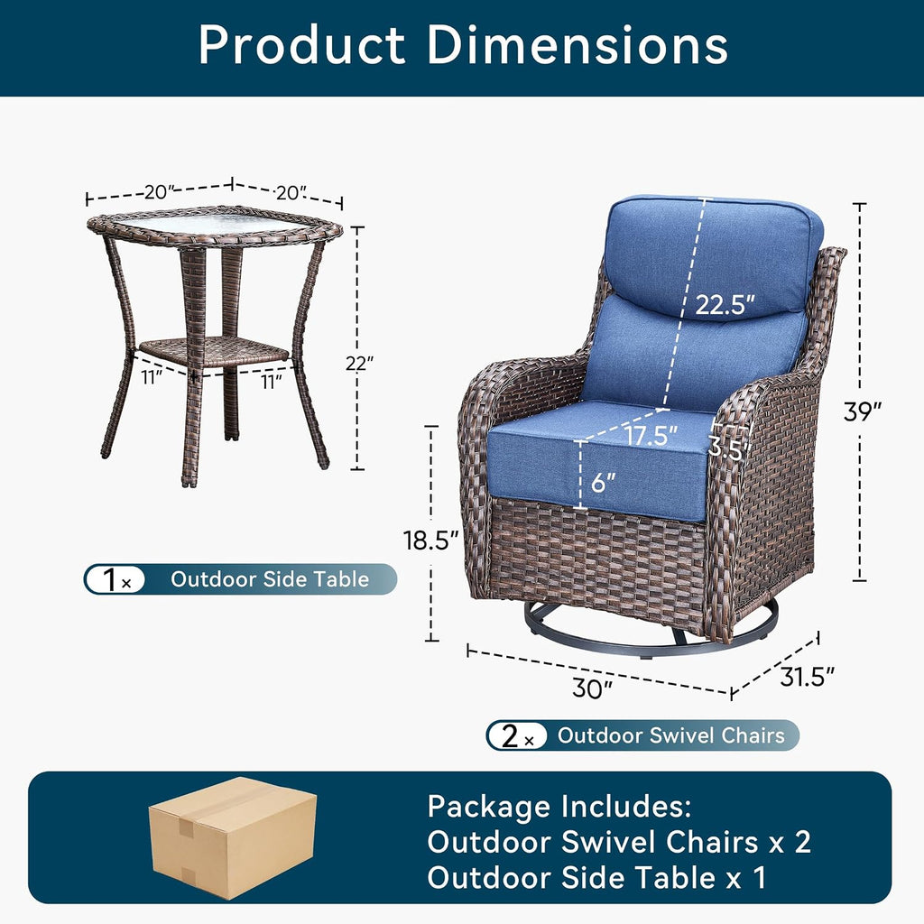 Luxury High Back Outdoor Swivel Rocker Patio Chairs with Side Table & 6-Inch Thick Cushions, 3 Pieces Patio Furniture Set for Porch, Balcony, Deck and Yard