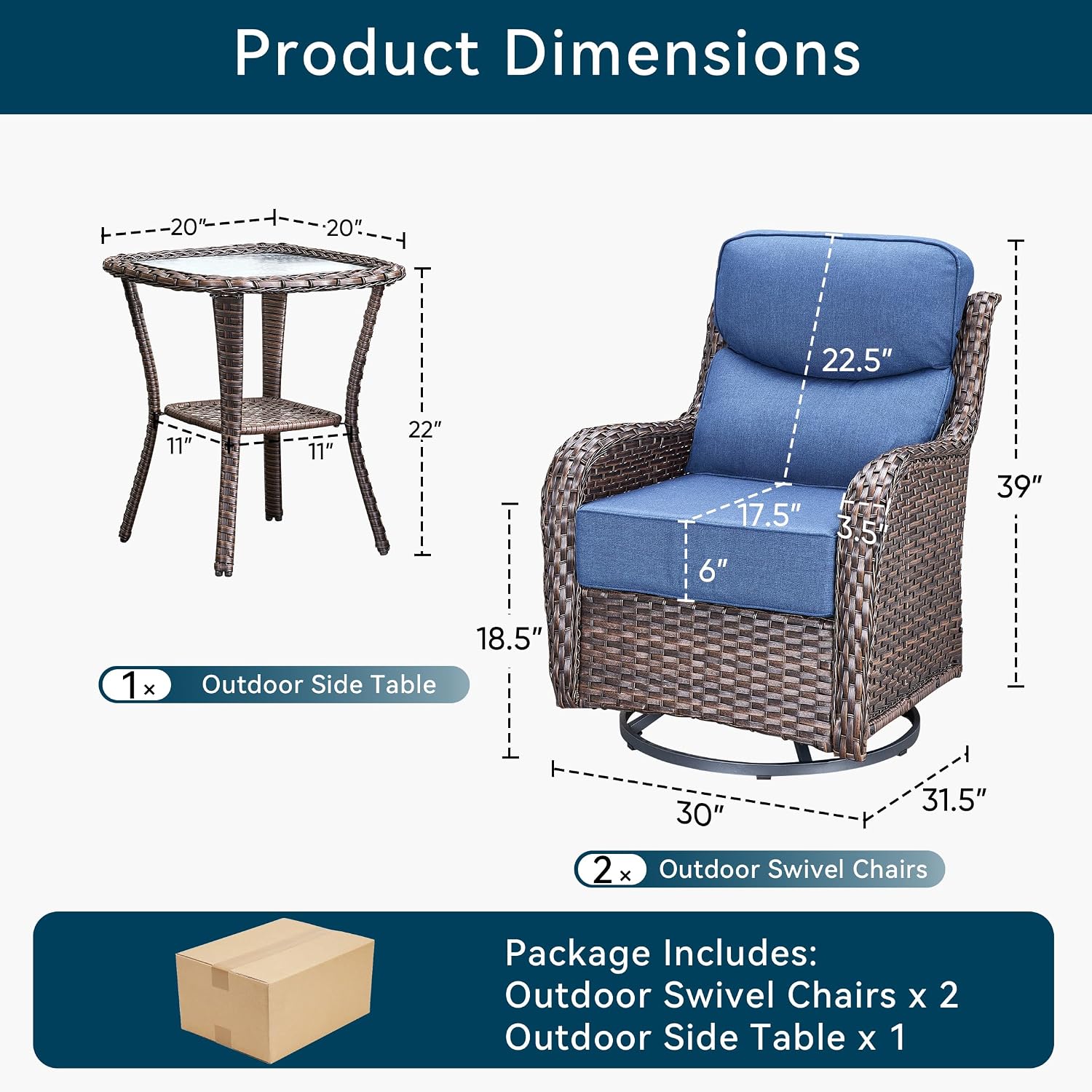 Luxury High Back Outdoor Swivel Rocker Patio Chairs with Side Table & 6-Inch Thick Cushions, 3 Pieces Patio Furniture Set for Porch, Balcony, Deck and Yard